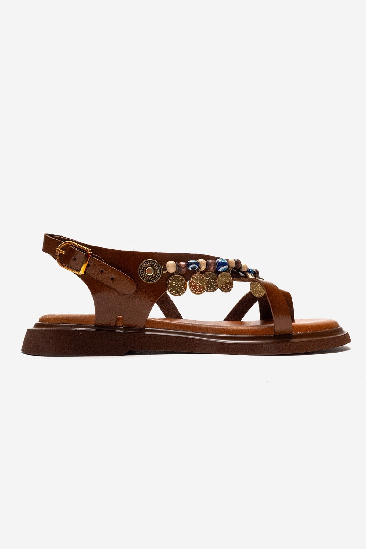 HUSH - Cognac Genuine Leather Beaded Toe-Post Sandal – heel view showing leather, beaded, Vowalisse