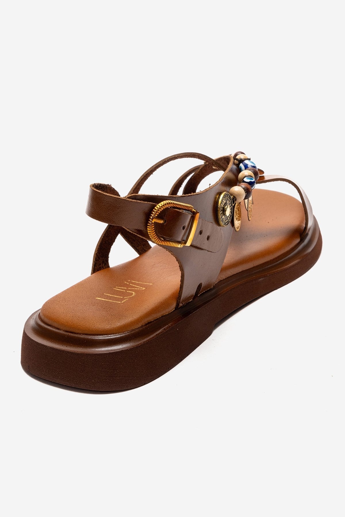 HUSH - Cognac Genuine Leather Beaded Toe-Post Sandal – back view showing leather, beaded, Vowalisse