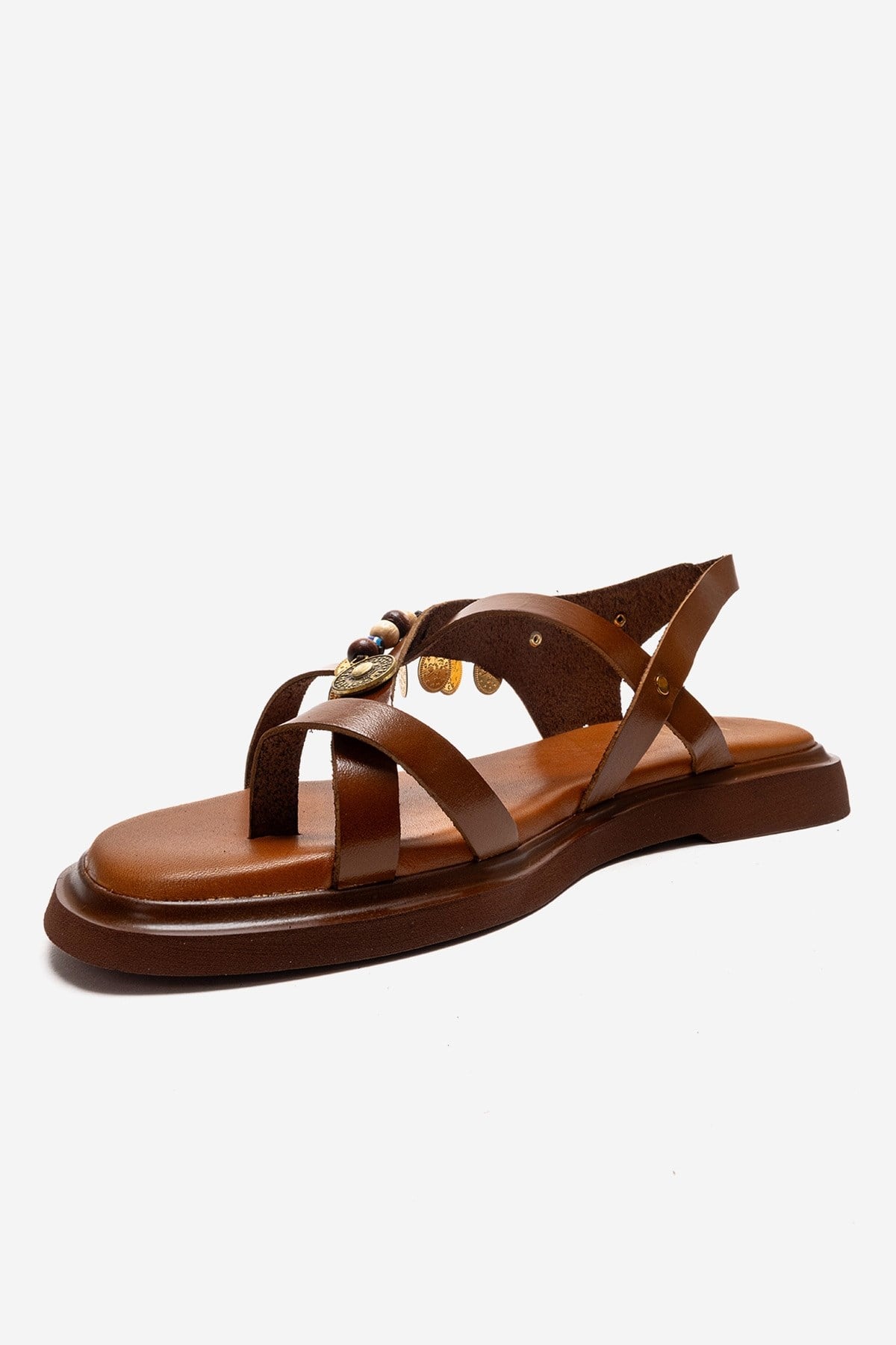 HUSH - Cognac Genuine Leather Beaded Toe-Post Sandal – top view showing leather, beaded, Vowalisse