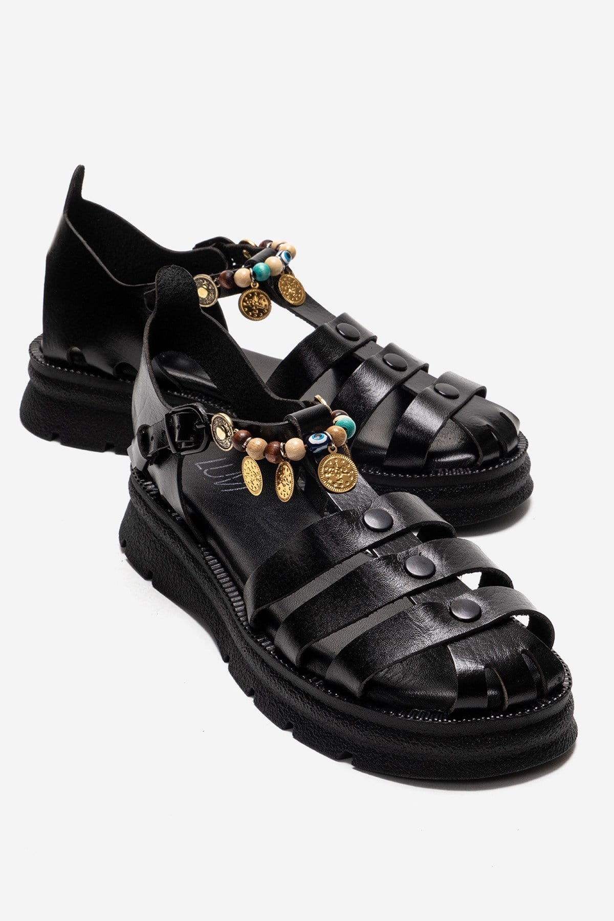 SOLIS - Black Genuine Leather Beaded Sandal – front three-quarter view showing leather, beaded, black, Vowalisse