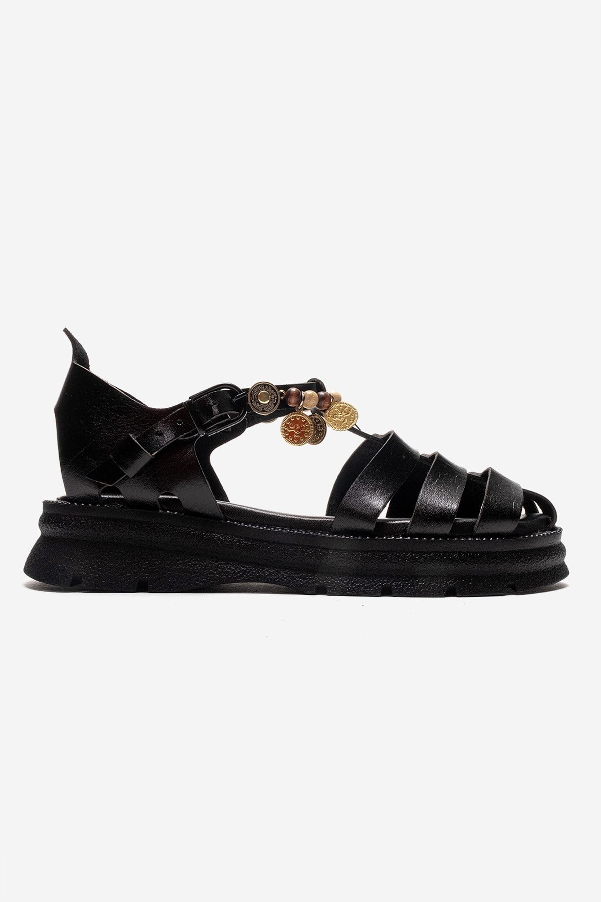 SOLIS - Black Genuine Leather Beaded Sandal – heel view showing leather, beaded, black, Vowalisse