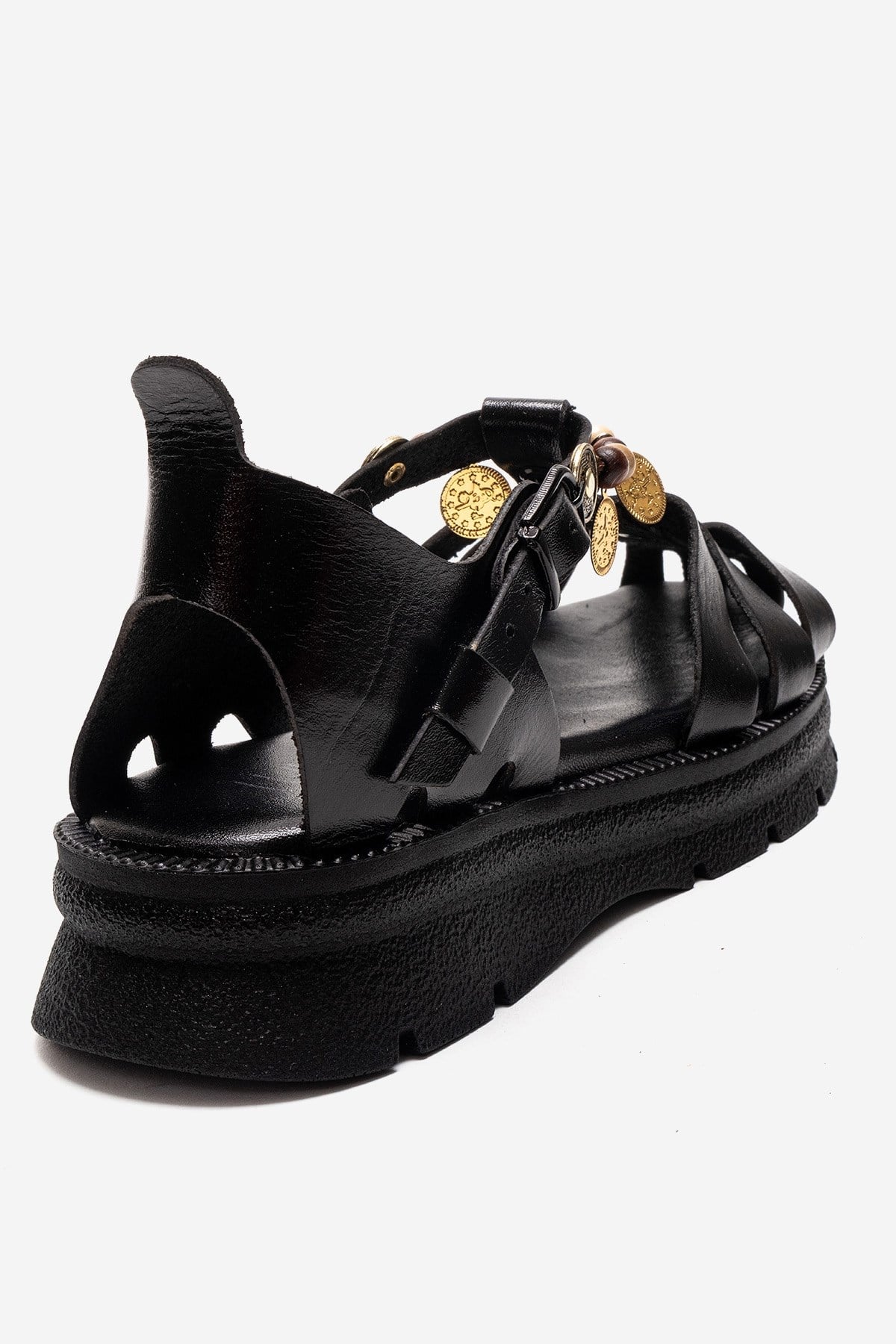 SOLIS - Black Genuine Leather Beaded Sandal – back view showing leather, beaded, black, Vowalisse