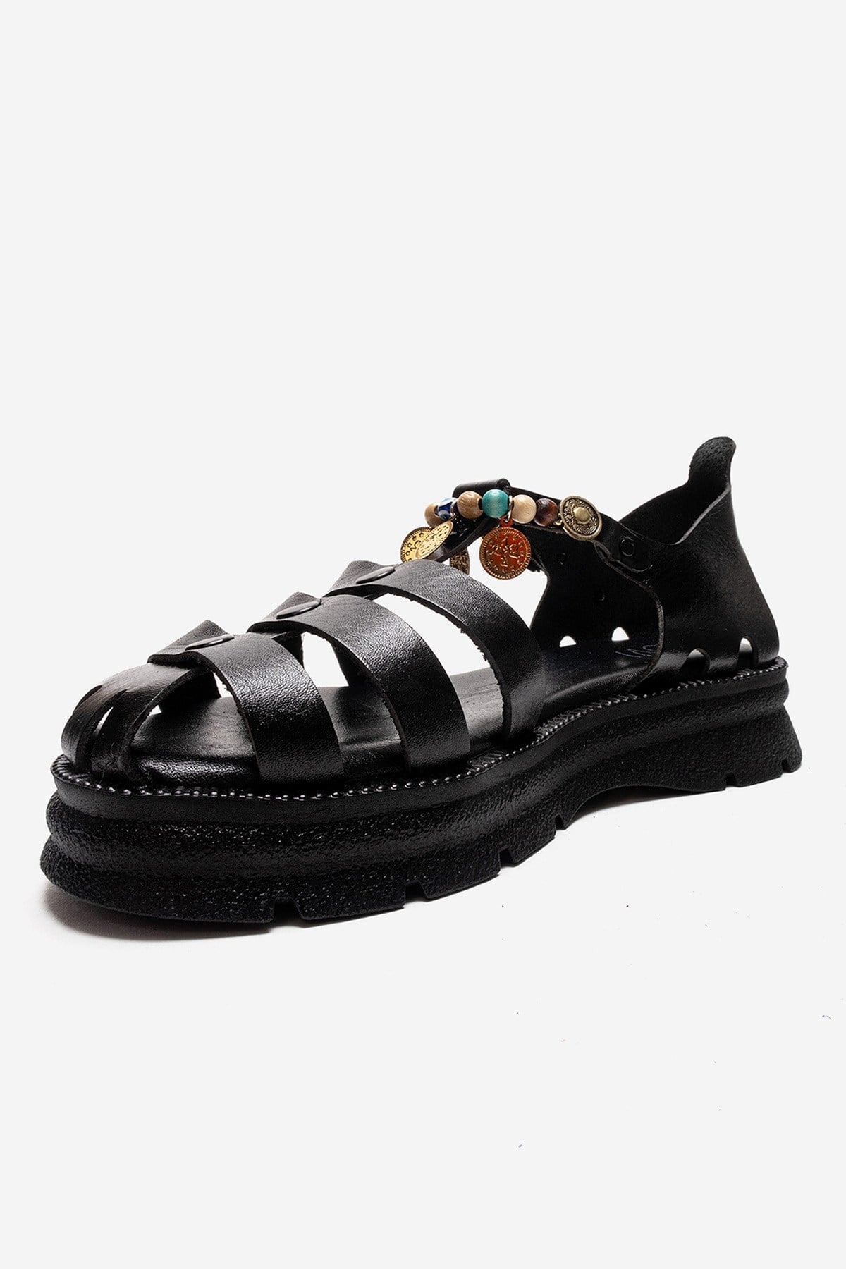 SOLIS - Black Genuine Leather Beaded Sandal – top view showing leather, beaded, black, Vowalisse