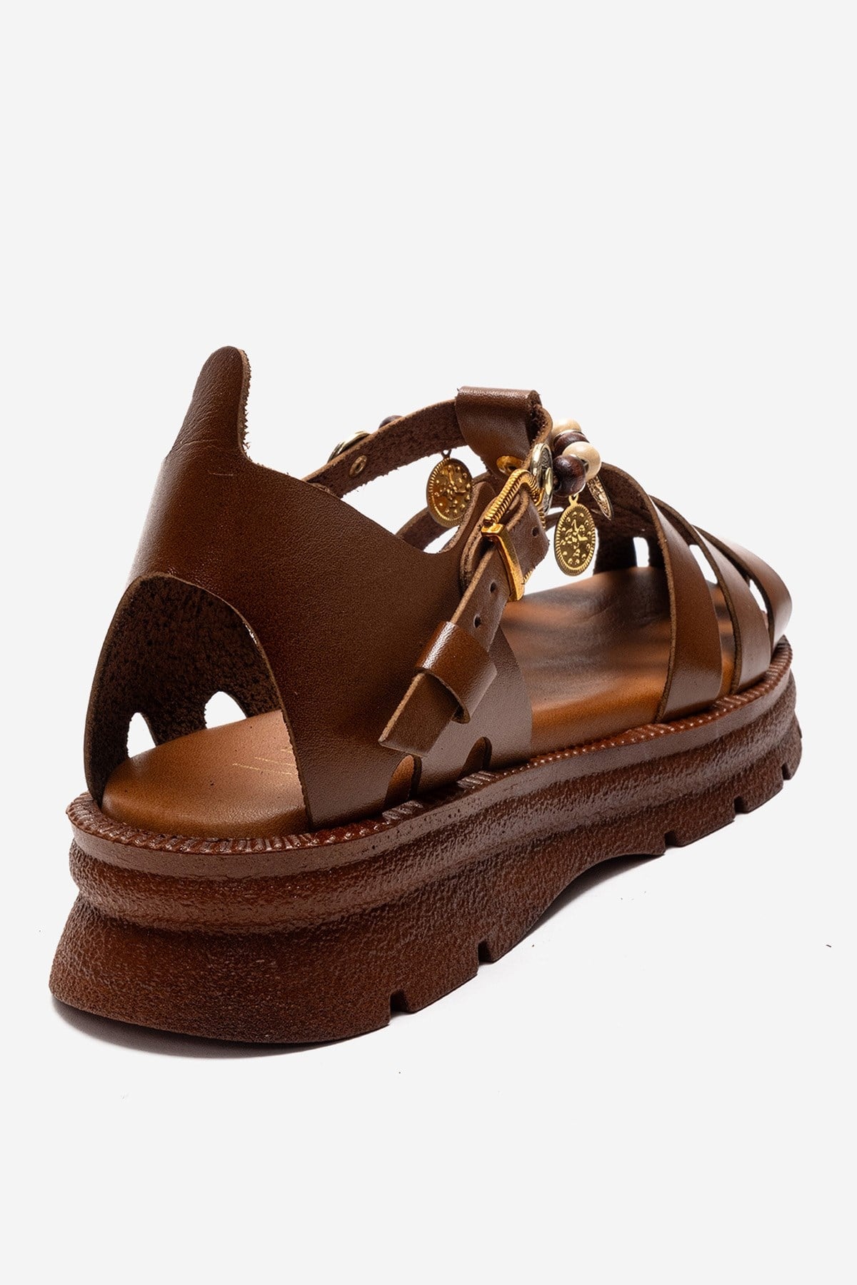 SOLIS - Tan Genuine Leather Beaded Sandal – back view showing leather, beaded, Vowalisse