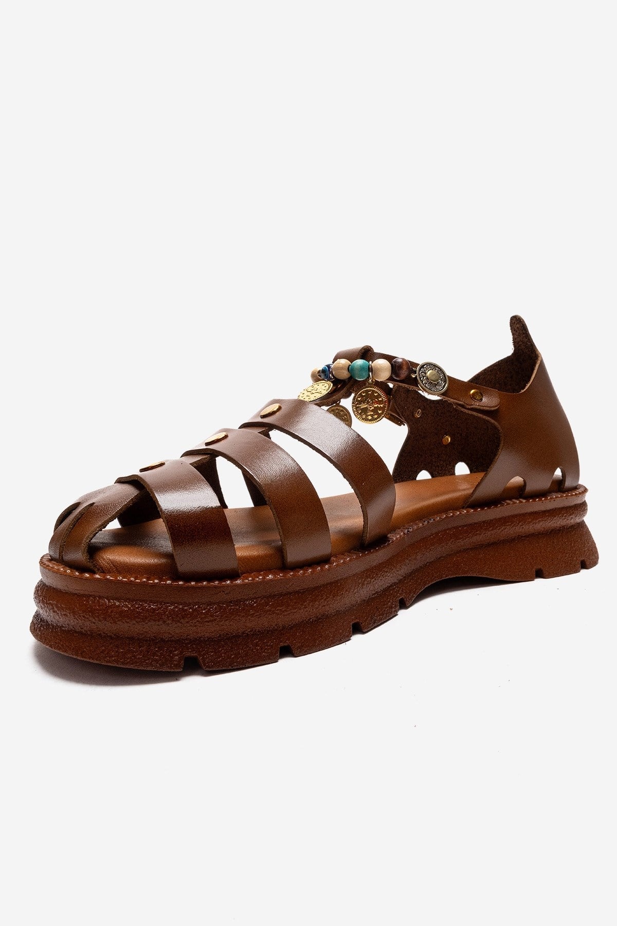 SOLIS - Tan Genuine Leather Beaded Sandal – top view showing leather, beaded, Vowalisse