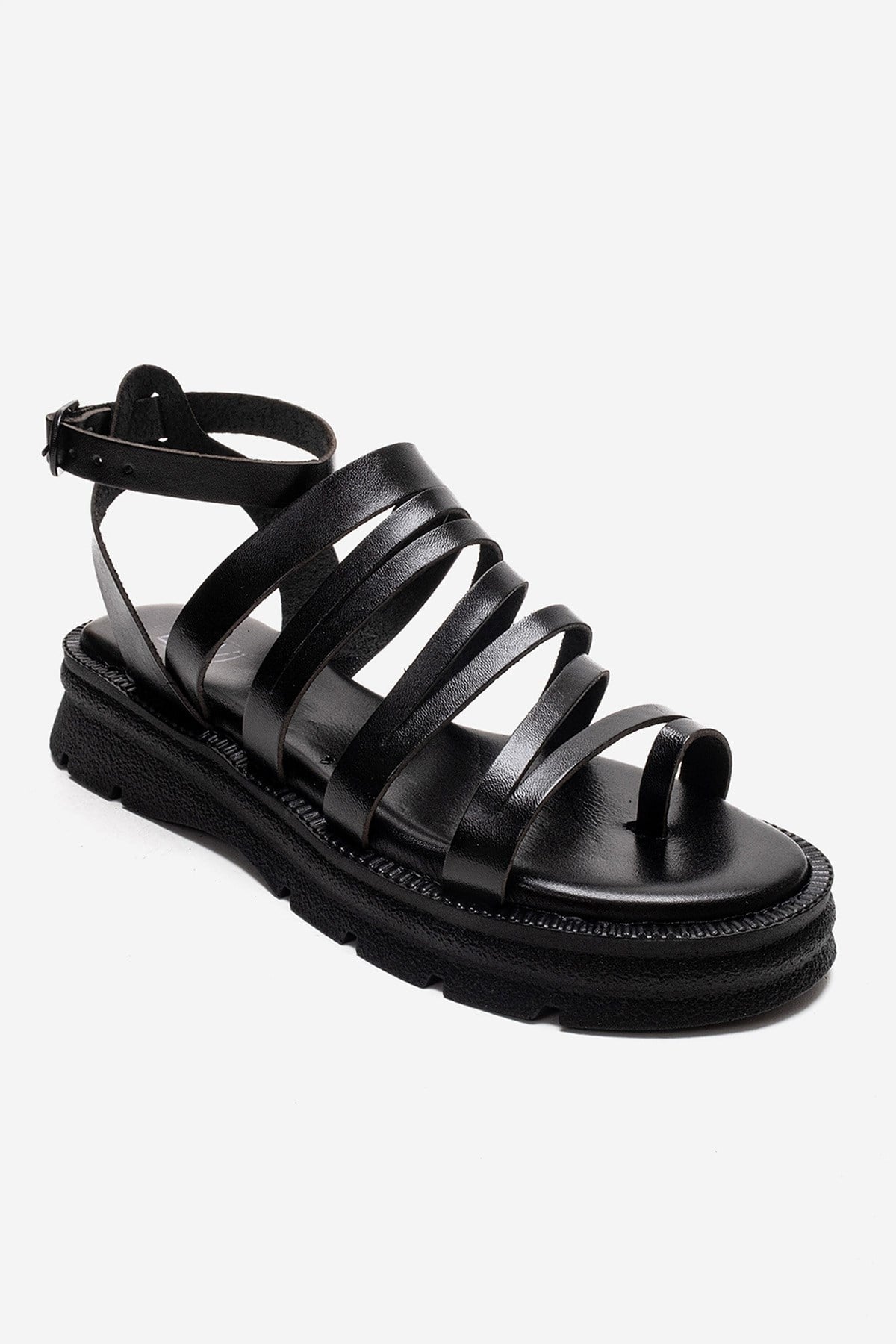 ELSA - Black Genuine Leather Multi-Strap Toe-Post Sandal – detail view showing leather, black, Vowalisse