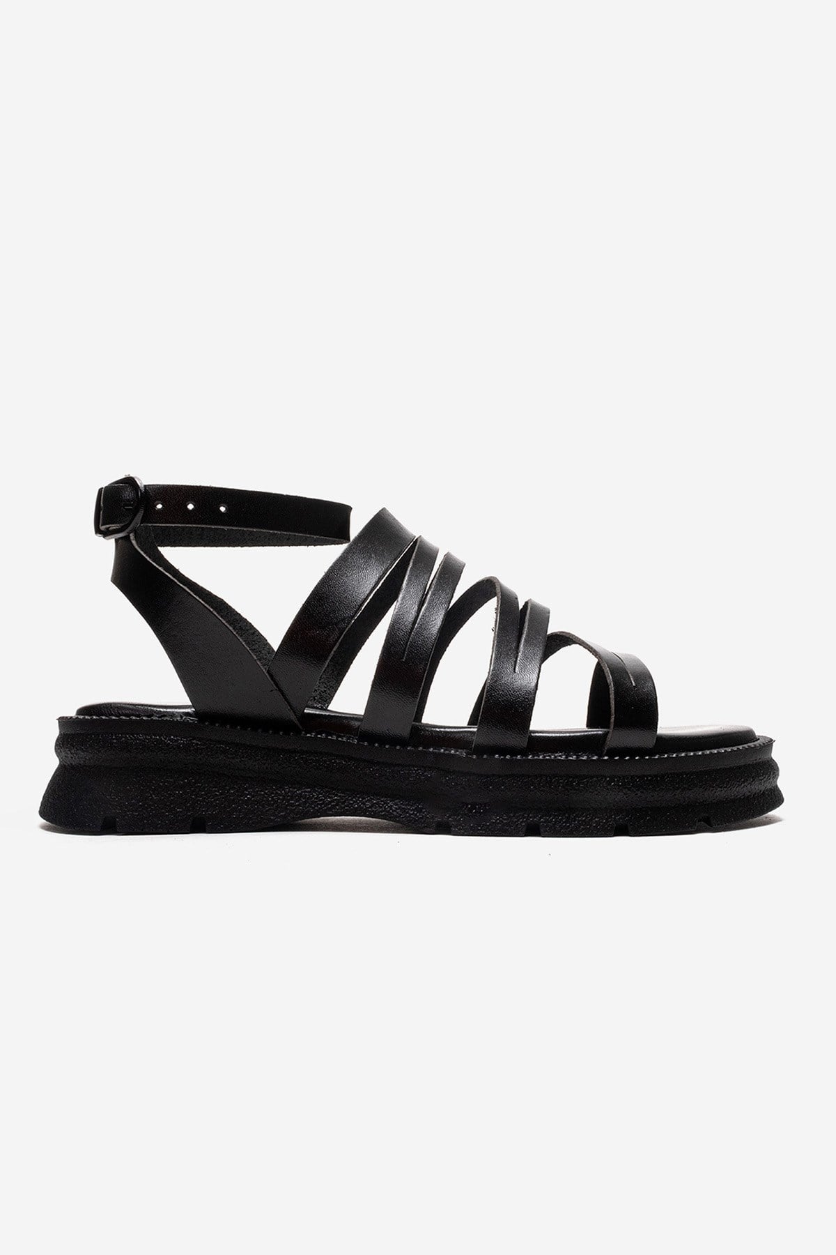 ELSA - Black Genuine Leather Multi-Strap Toe-Post Sandal – heel view showing leather, black, Vowalisse