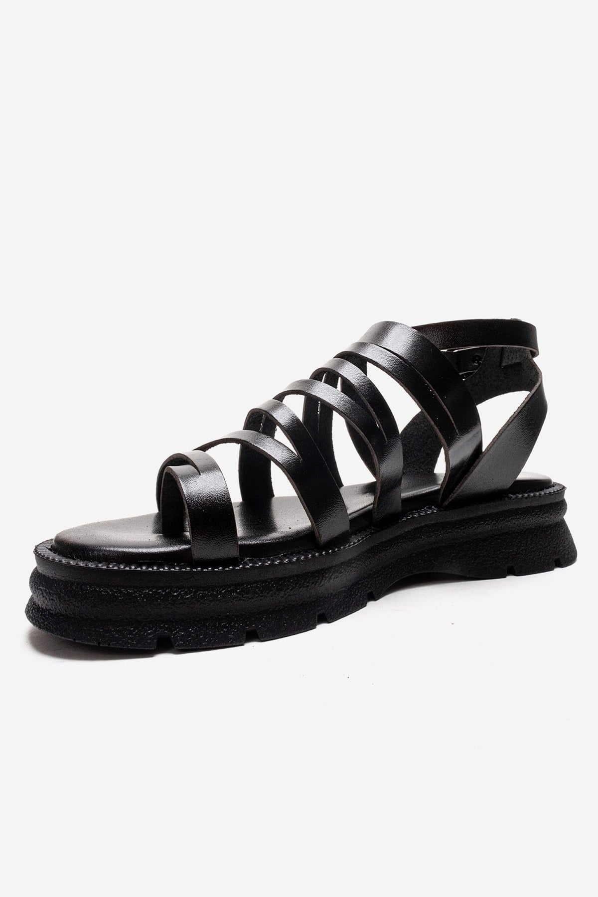 ELSA - Black Genuine Leather Multi-Strap Toe-Post Sandal – top view showing leather, black, Vowalisse