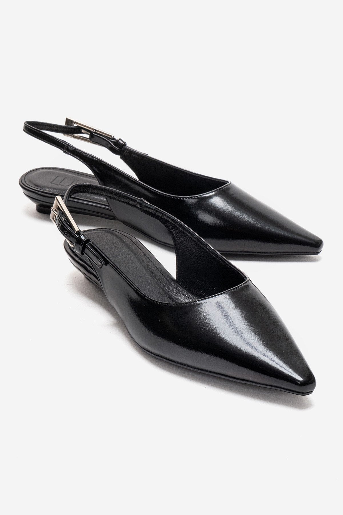 JENNA - Black Genuine Leather Pointed Toe Low Block Heel Shoe – front three-quarter view showing leather, black, Vowalisse