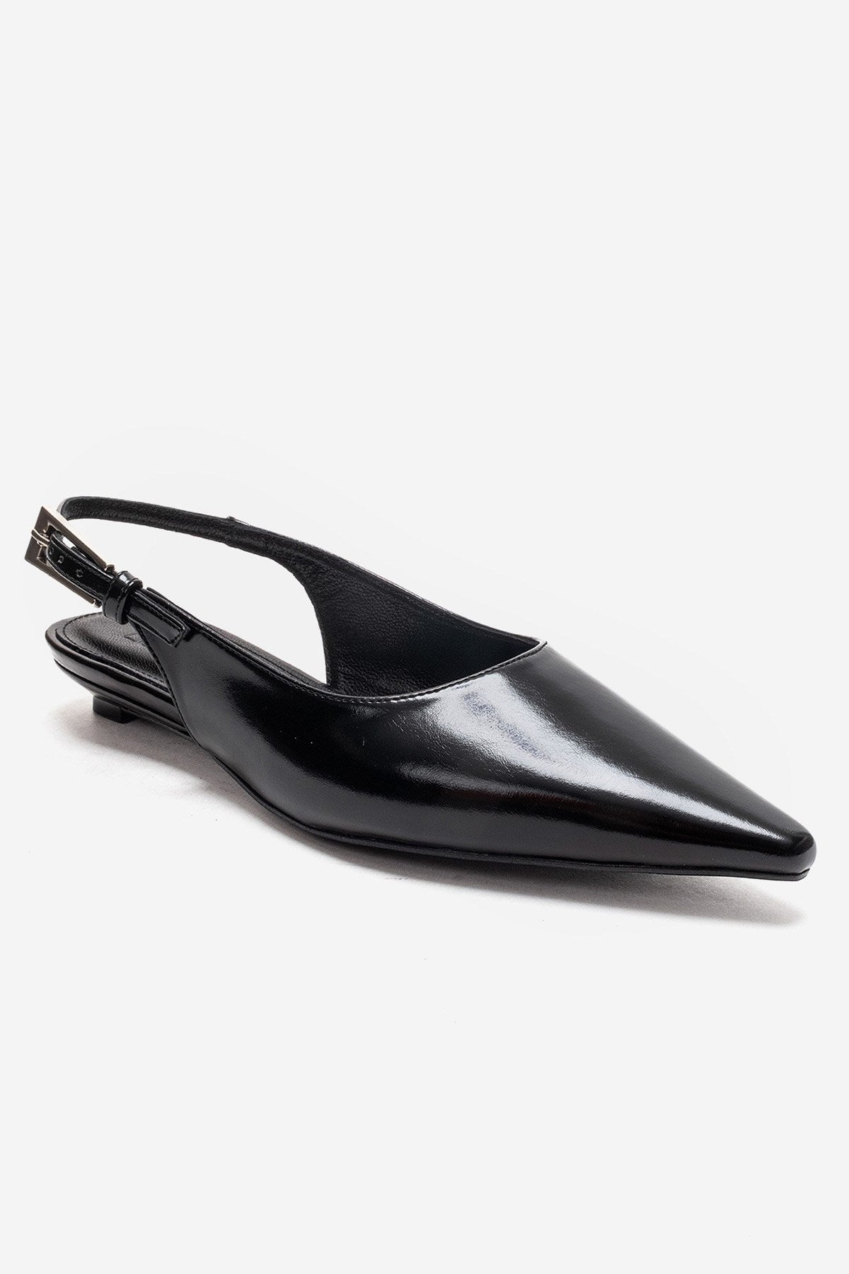 JENNA - Black Genuine Leather Pointed Toe Low Block Heel Shoe – detail view showing leather, black, Vowalisse