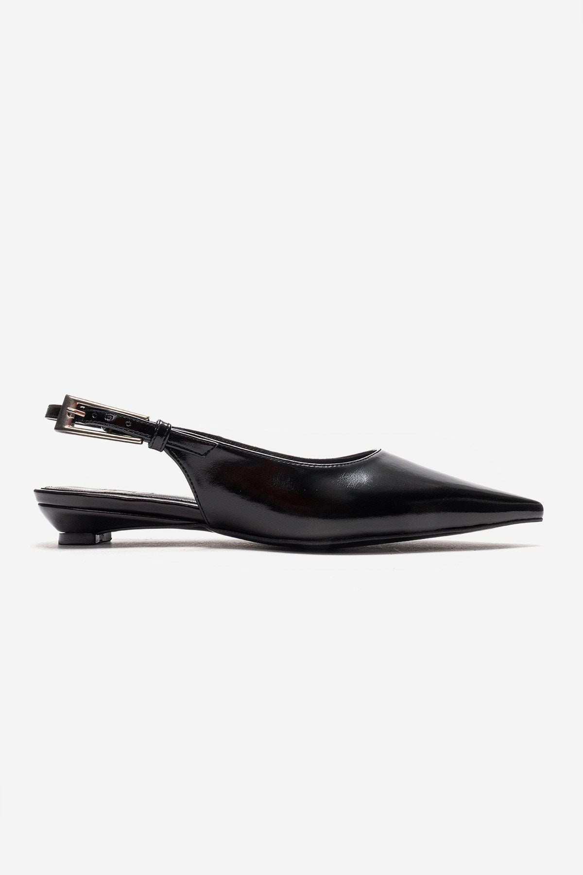 JENNA - Black Genuine Leather Pointed Toe Low Block Heel Shoe – heel view showing leather, black, Vowalisse