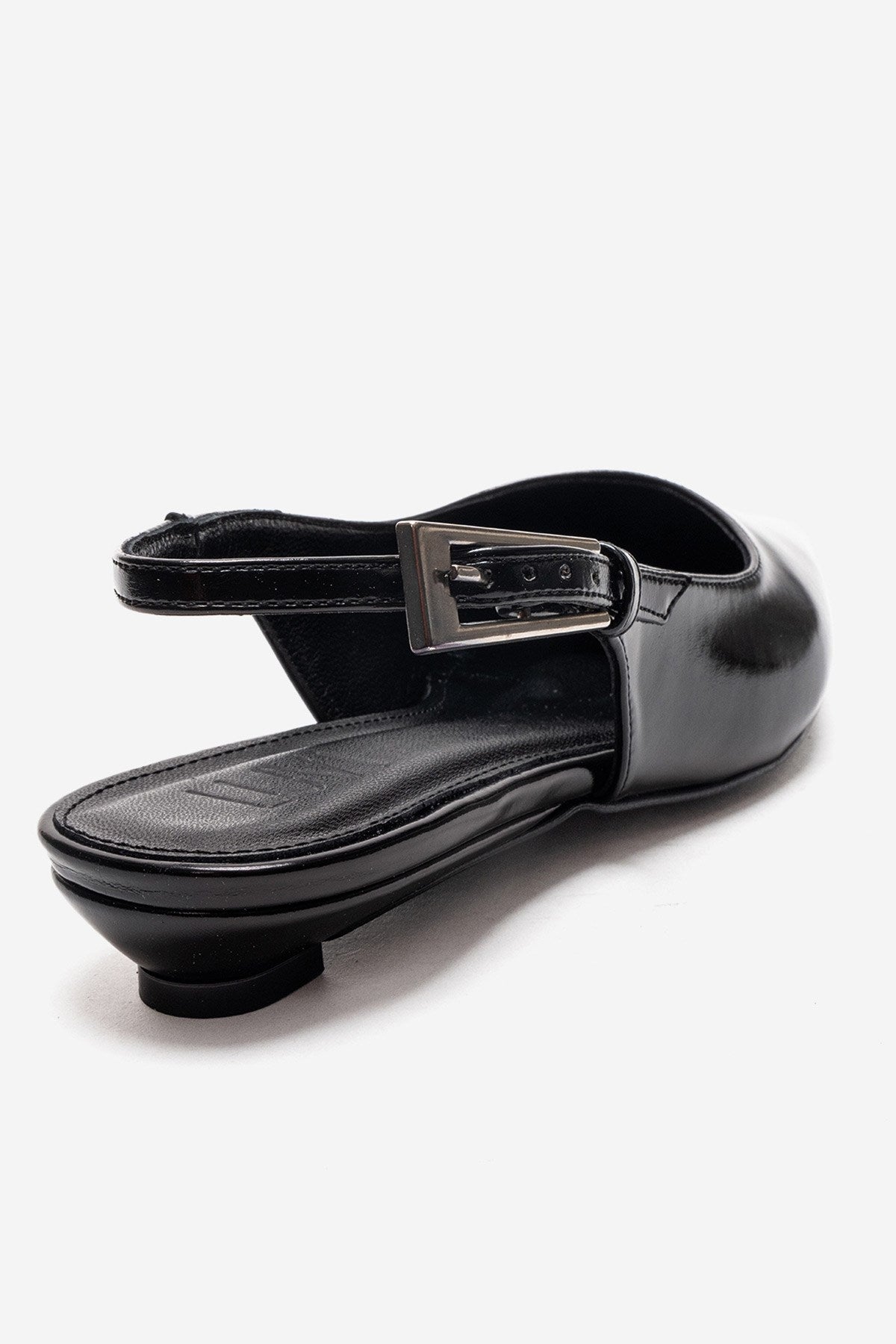 JENNA - Black Genuine Leather Pointed Toe Low Block Heel Shoe – back view showing leather, black, Vowalisse
