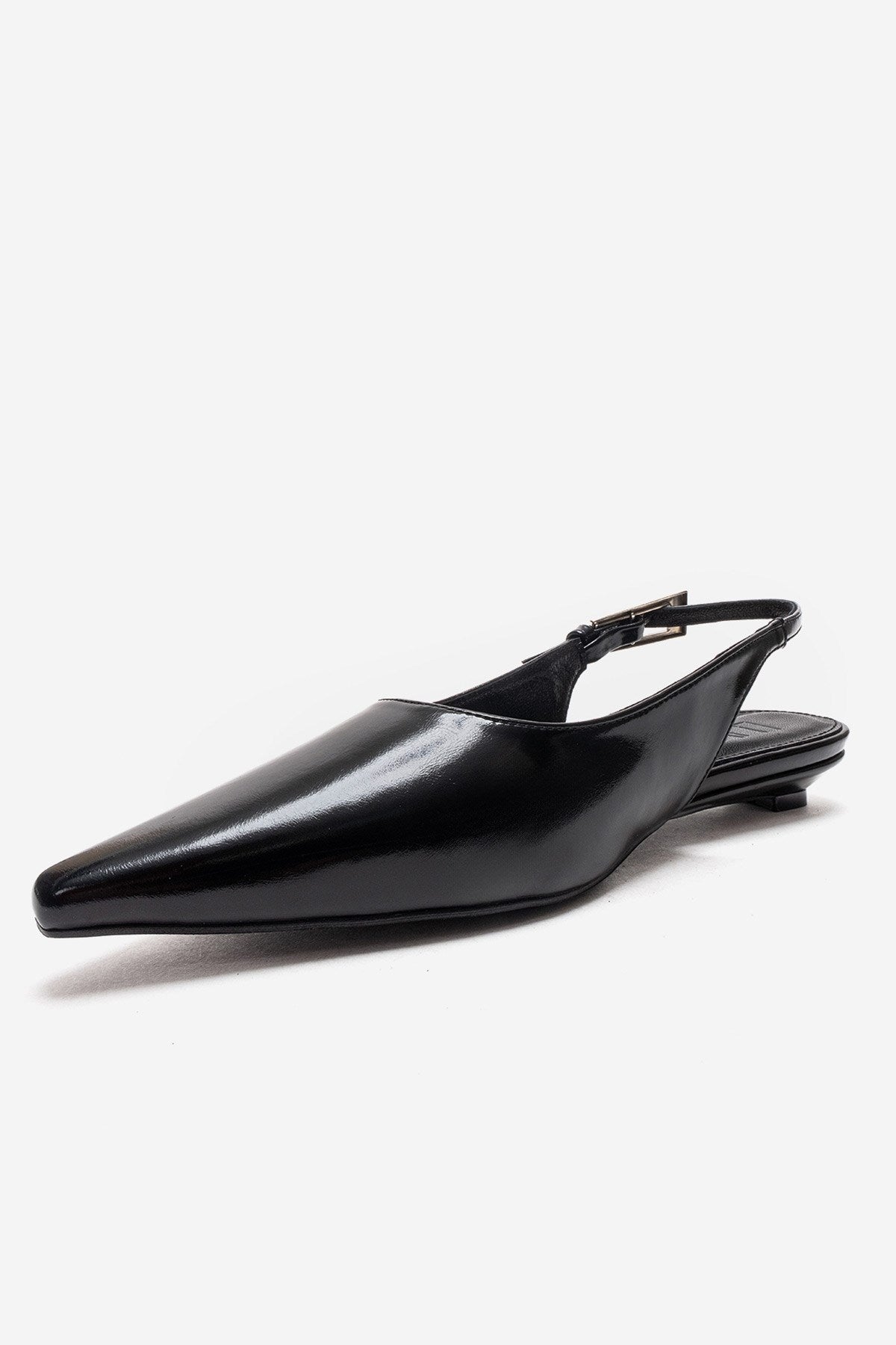 JENNA - Black Genuine Leather Pointed Toe Low Block Heel Shoe – top view showing leather, black, Vowalisse