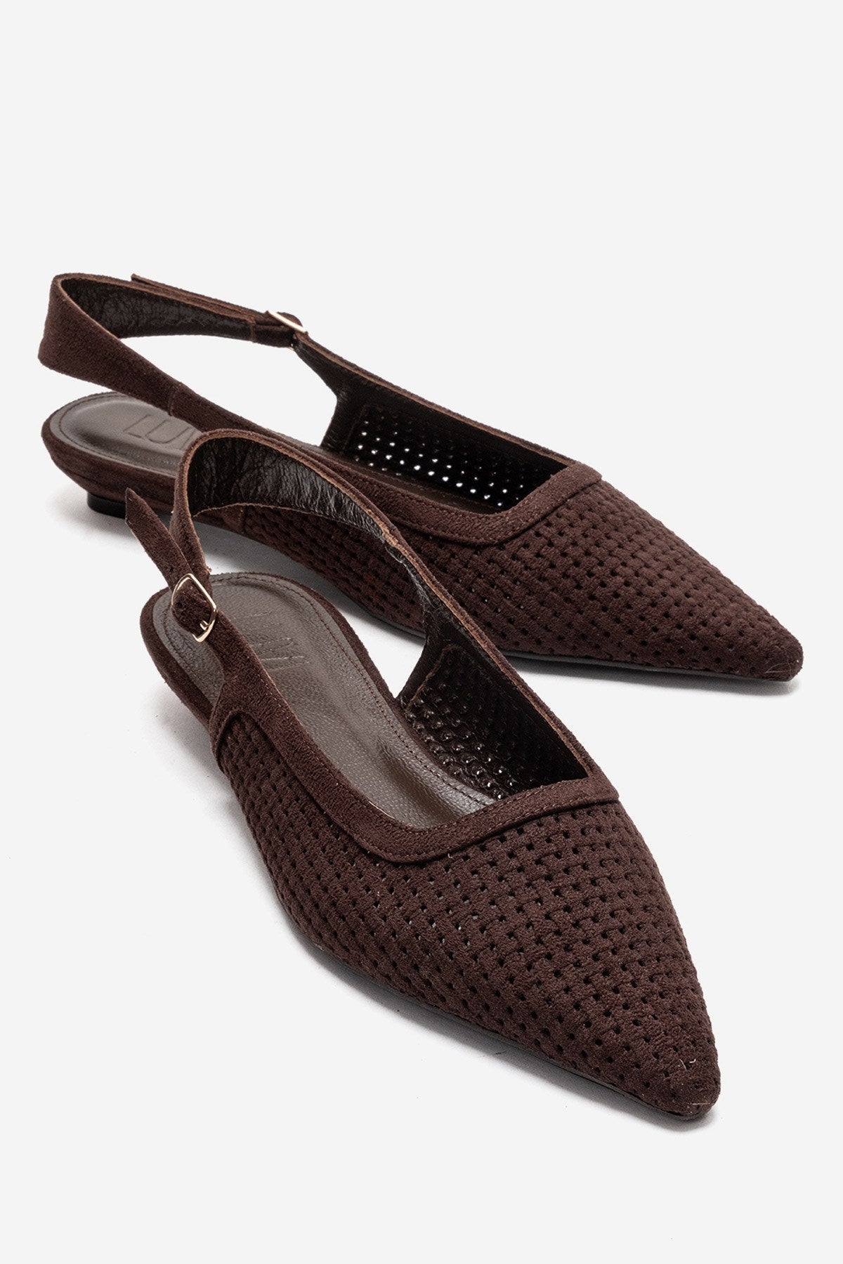 AVIVA - Brown Genuine Leather Pointed Toe Low Block Heel Pump – front three-quarter view showing leather, suede, Vowalisse