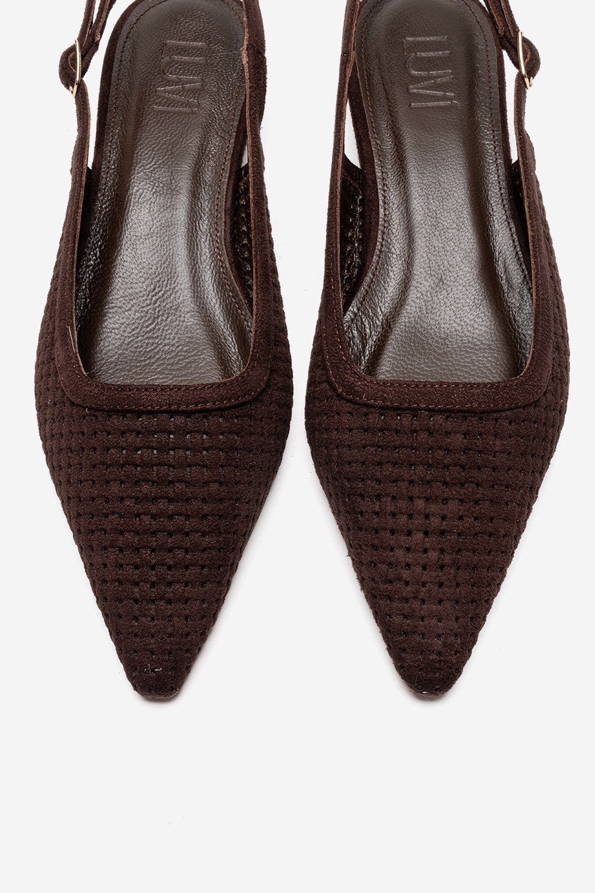 AVIVA - Brown Genuine Leather Pointed Toe Low Block Heel Pump – side view showing leather, suede, Vowalisse