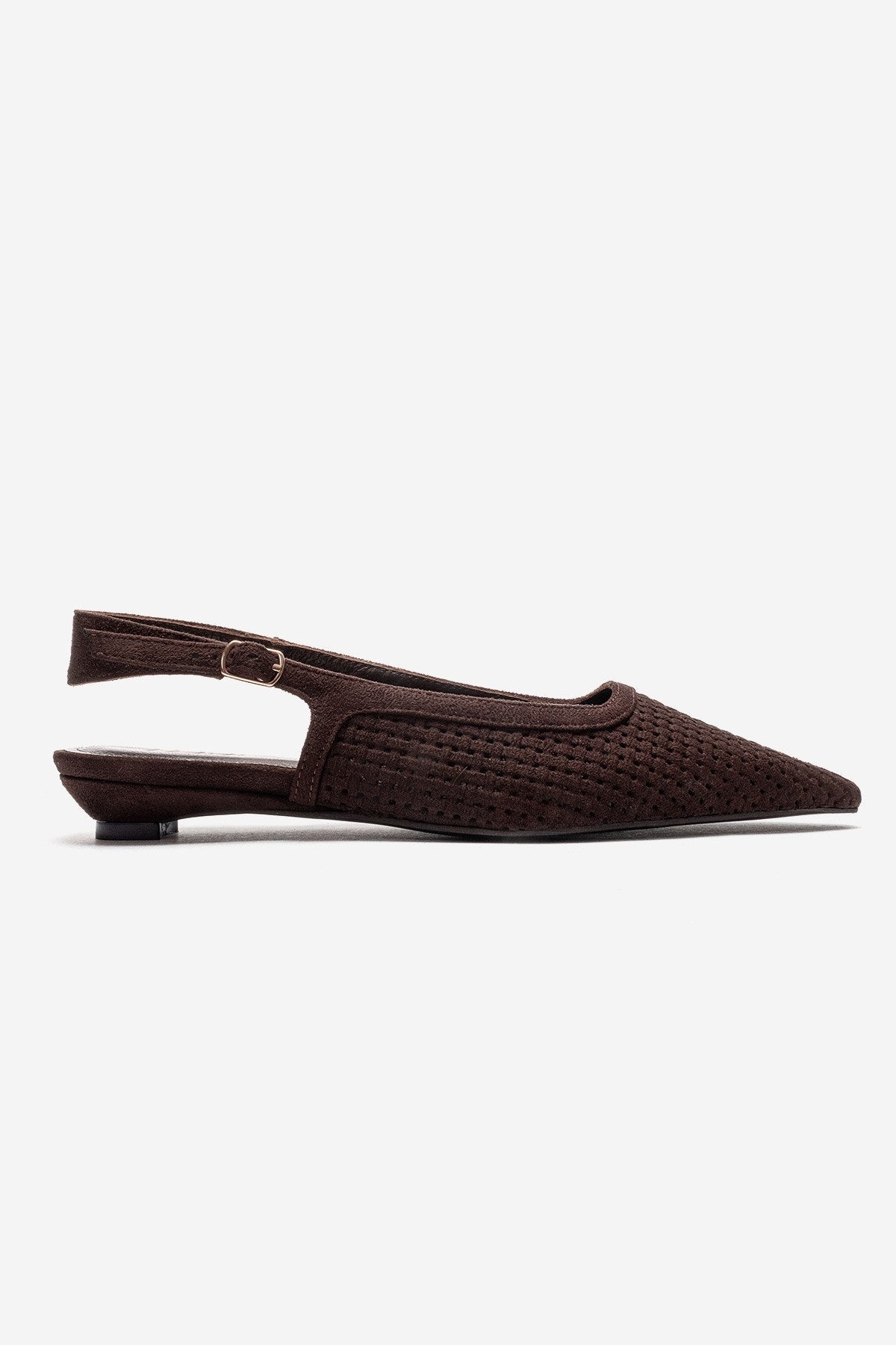 AVIVA - Brown Genuine Leather Pointed Toe Low Block Heel Pump – heel view showing leather, suede, Vowalisse