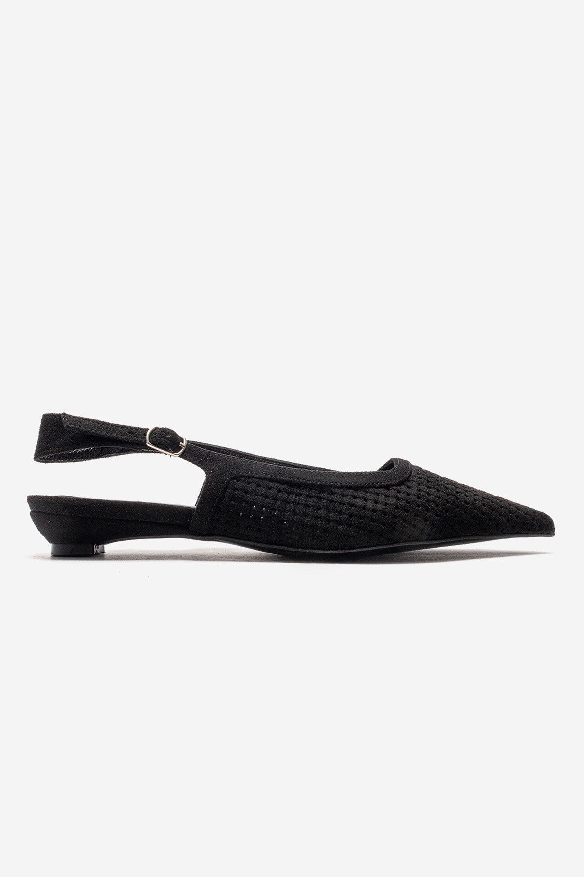 AVIVA - Black Genuine Leather Pointed Toe Low Block Heel Pump – heel view showing leather, suede, black, Vowalisse