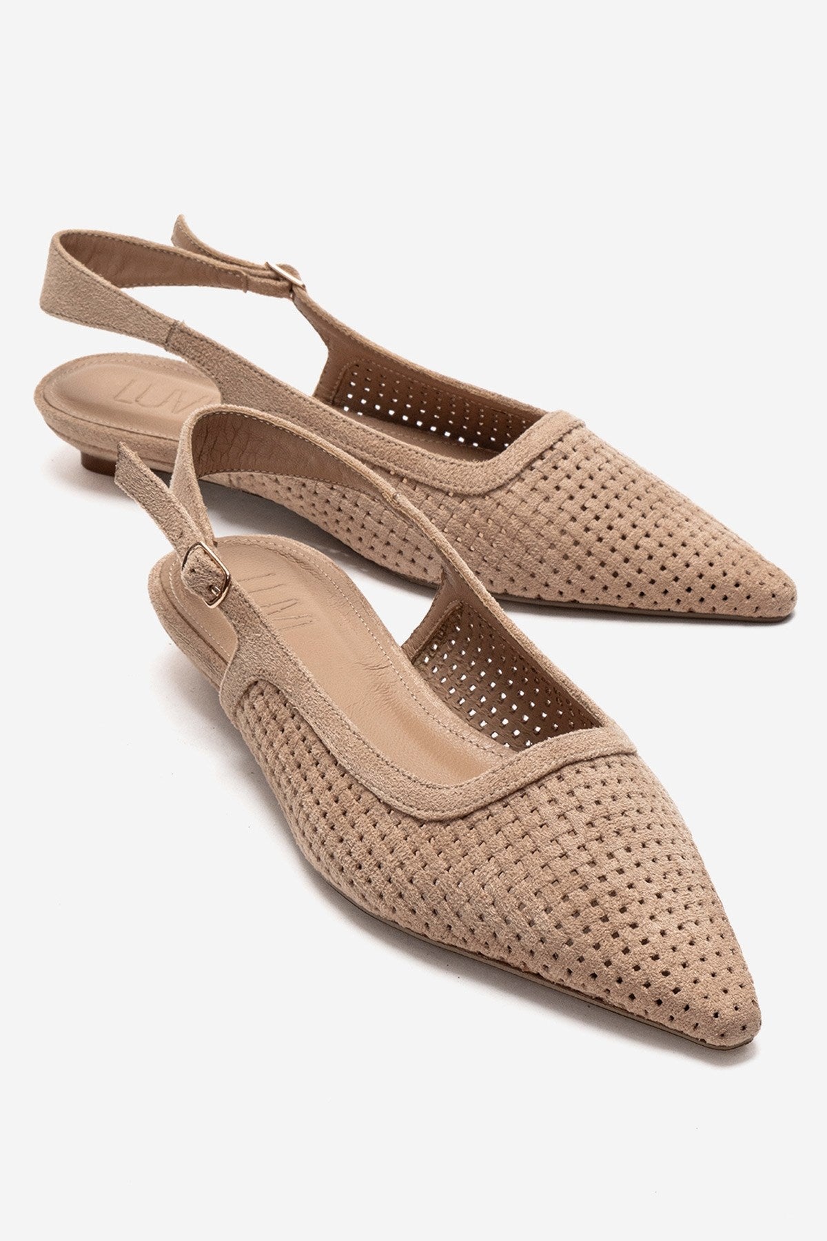 AVIVA - Beige Genuine Leather Pointed Toe Low Block Heel Pump – front three-quarter view showing leather, suede, Vowalisse