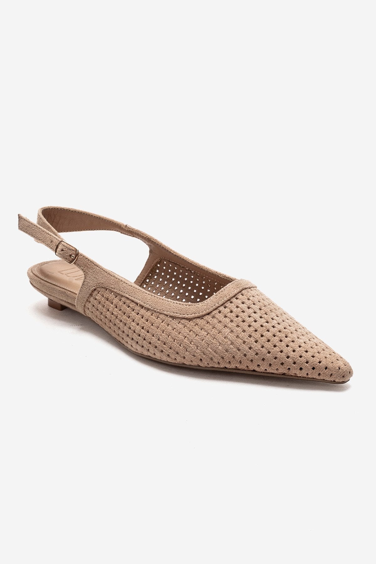 AVIVA - Beige Genuine Leather Pointed Toe Low Block Heel Pump – detail view showing leather, suede, Vowalisse