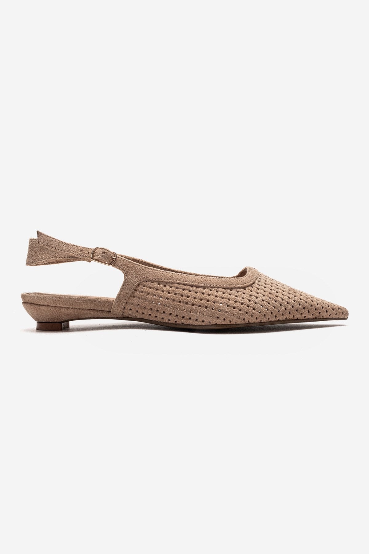 AVIVA - Beige Genuine Leather Pointed Toe Low Block Heel Pump – heel view showing leather, suede, Vowalisse