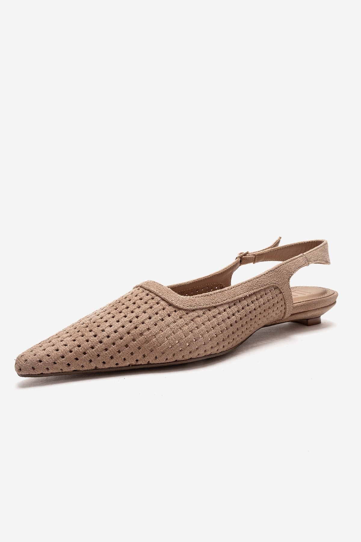 AVIVA - Beige Genuine Leather Pointed Toe Low Block Heel Pump – top view showing leather, suede, Vowalisse