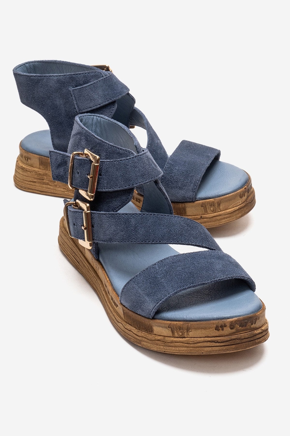 LORENTIS - Denim Blue Genuine Leather Double Buckle Sandal – front three-quarter view showing leather, suede, blue…
