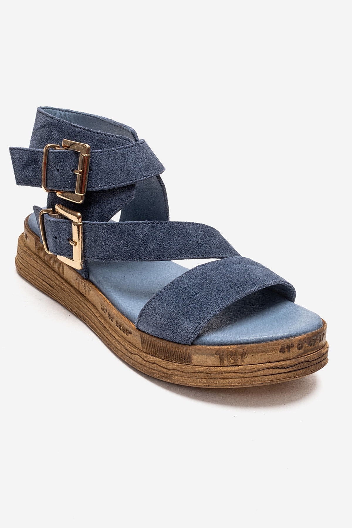 LORENTIS - Denim Blue Genuine Leather Double Buckle Sandal – detail view showing leather, suede, blue, Vowalisse