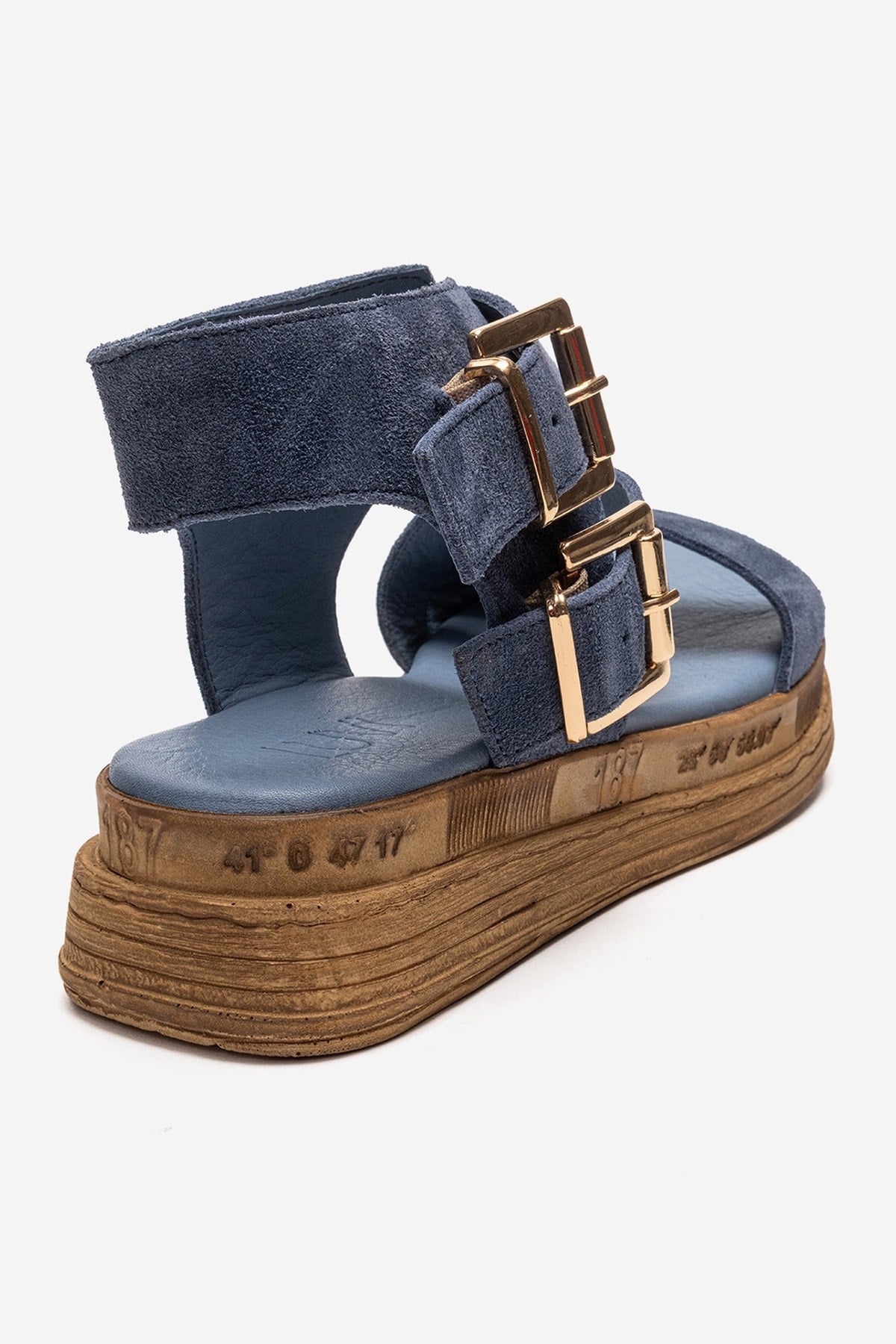 LORENTIS - Denim Blue Genuine Leather Double Buckle Sandal – back view showing leather, suede, blue, Vowalisse