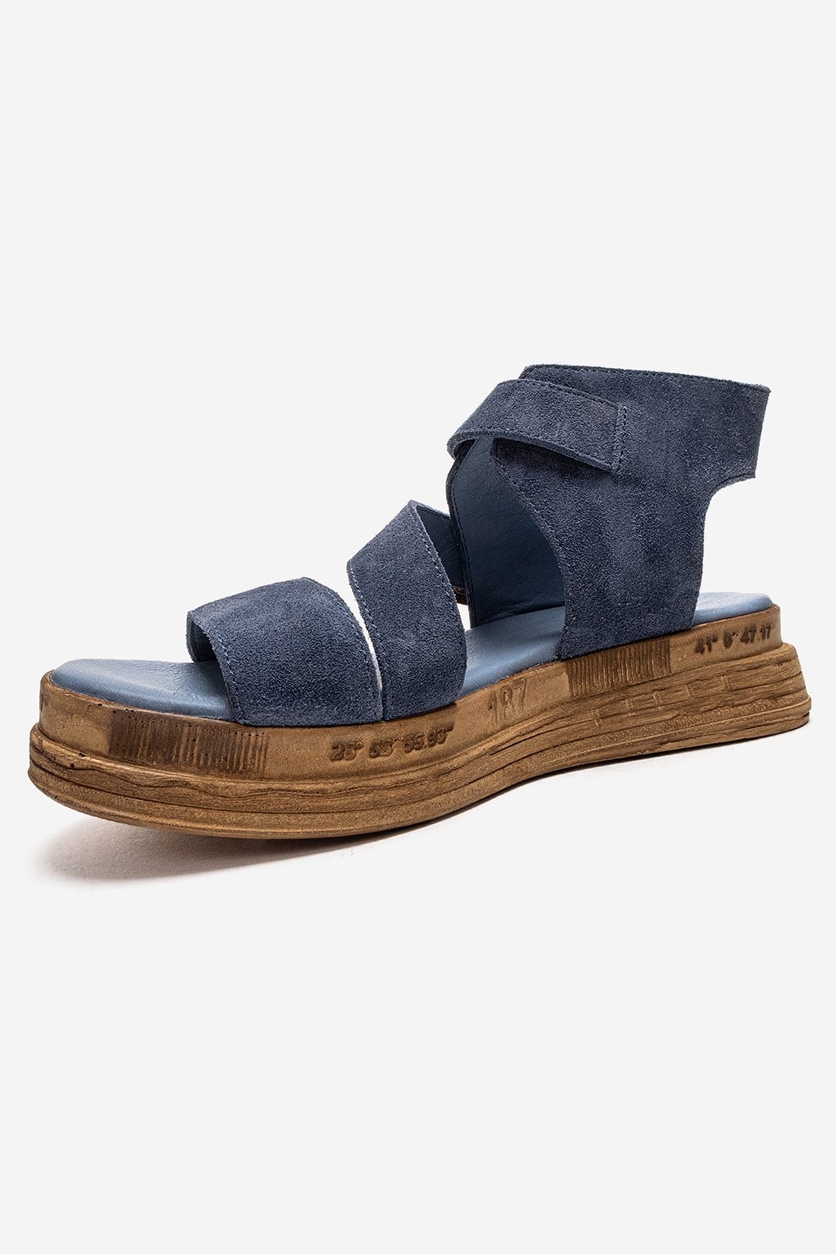 LORENTIS - Denim Blue Genuine Leather Double Buckle Sandal – top view showing leather, suede, blue, Vowalisse