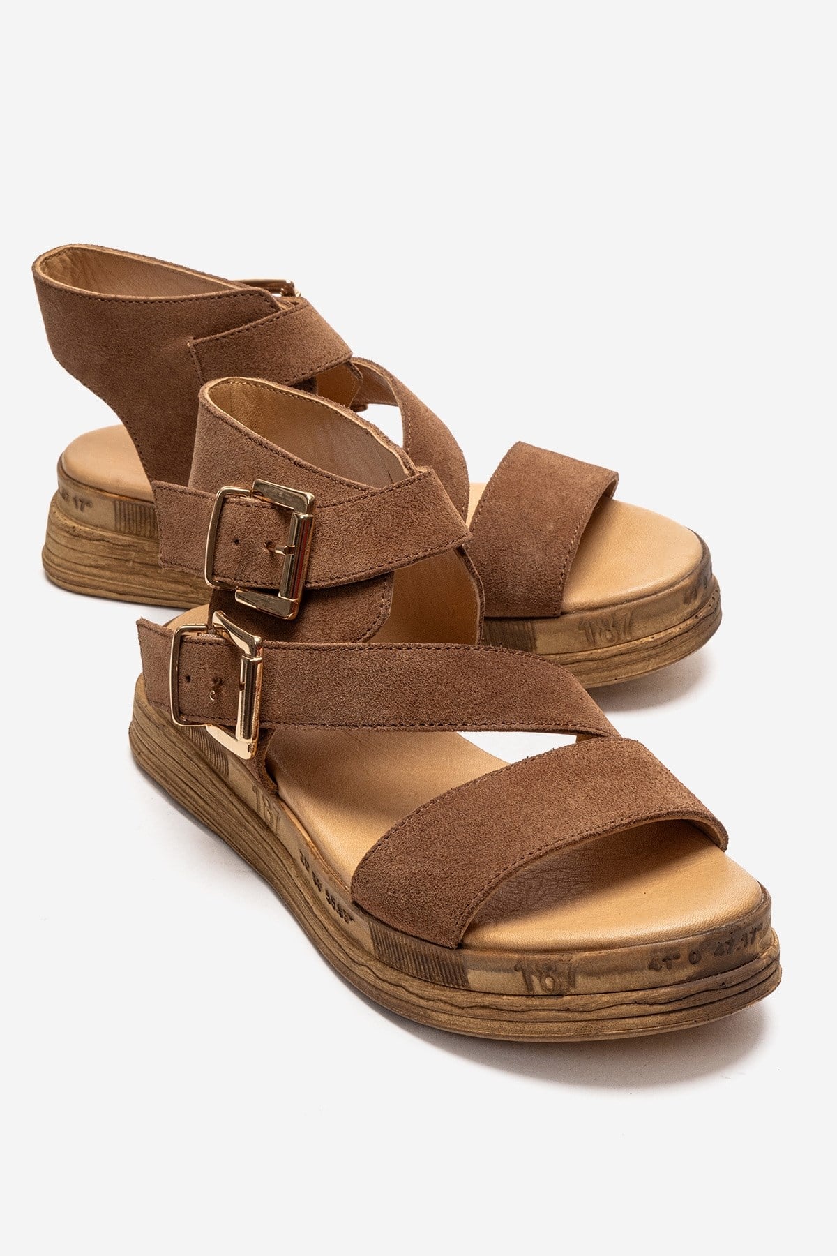 LORENTIS - Camel Genuine Leather Double Buckle Sandal – front three-quarter view showing leather, suede, Vowalisse