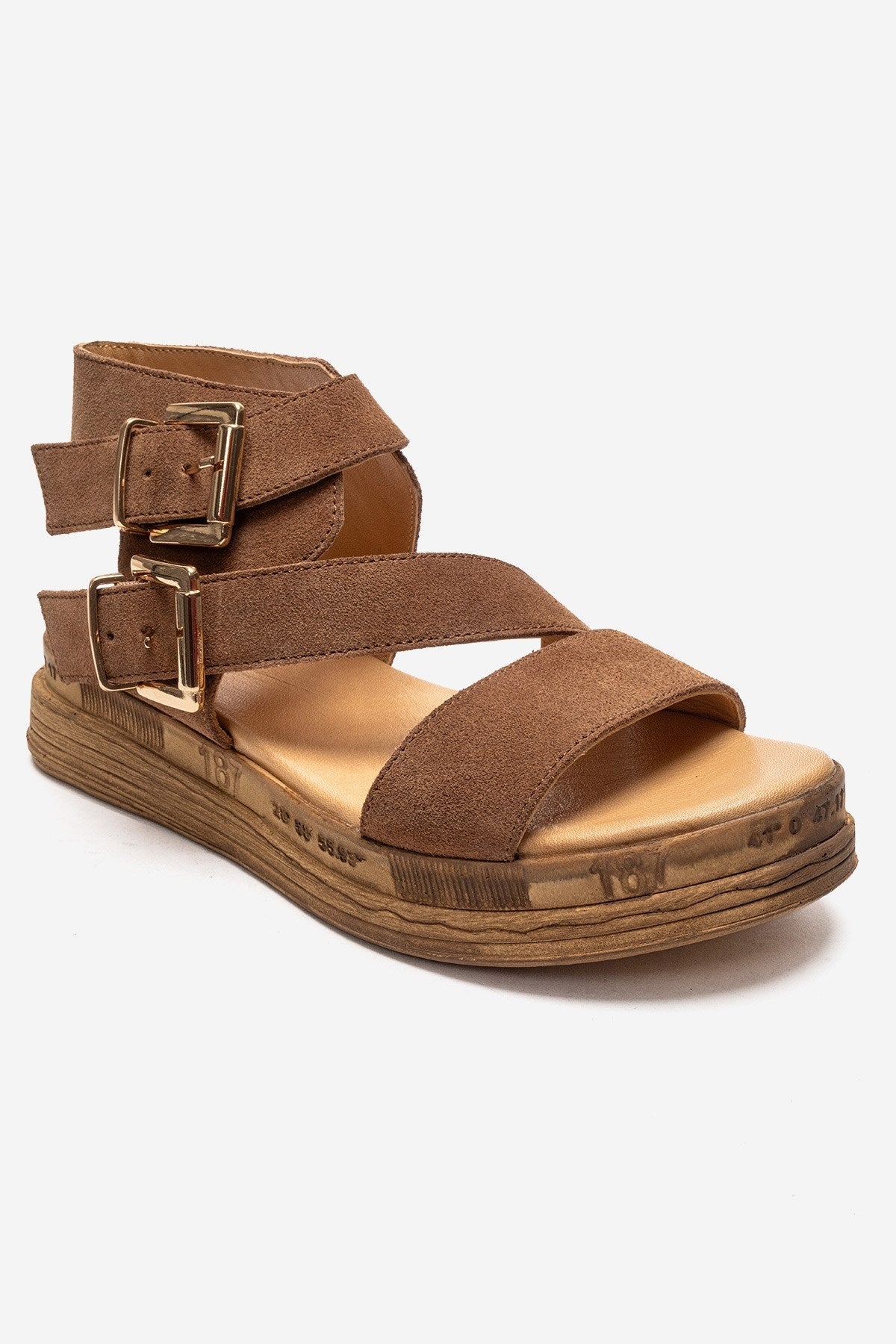 LORENTIS - Camel Genuine Leather Double Buckle Sandal – detail view showing leather, suede, Vowalisse
