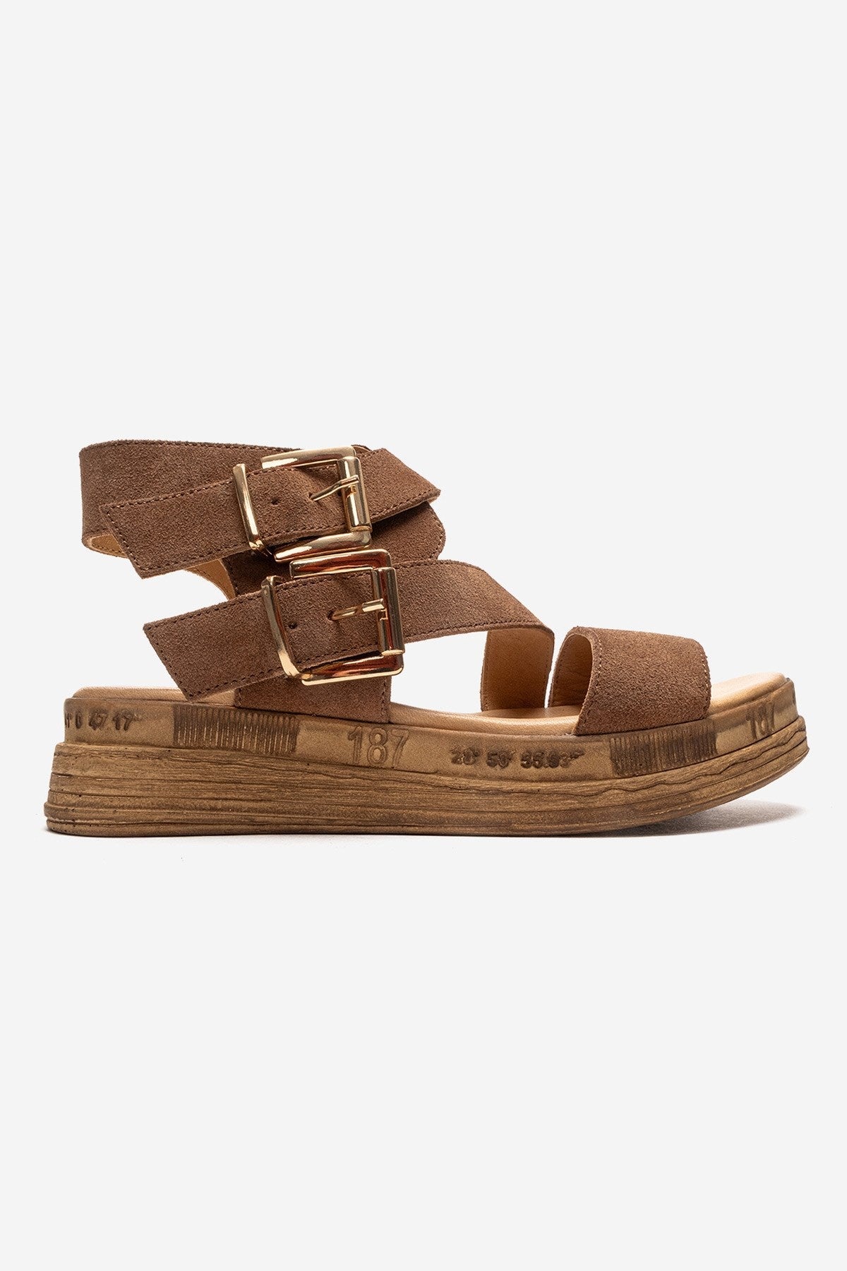 LORENTIS - Camel Genuine Leather Double Buckle Sandal – heel view showing leather, suede, Vowalisse