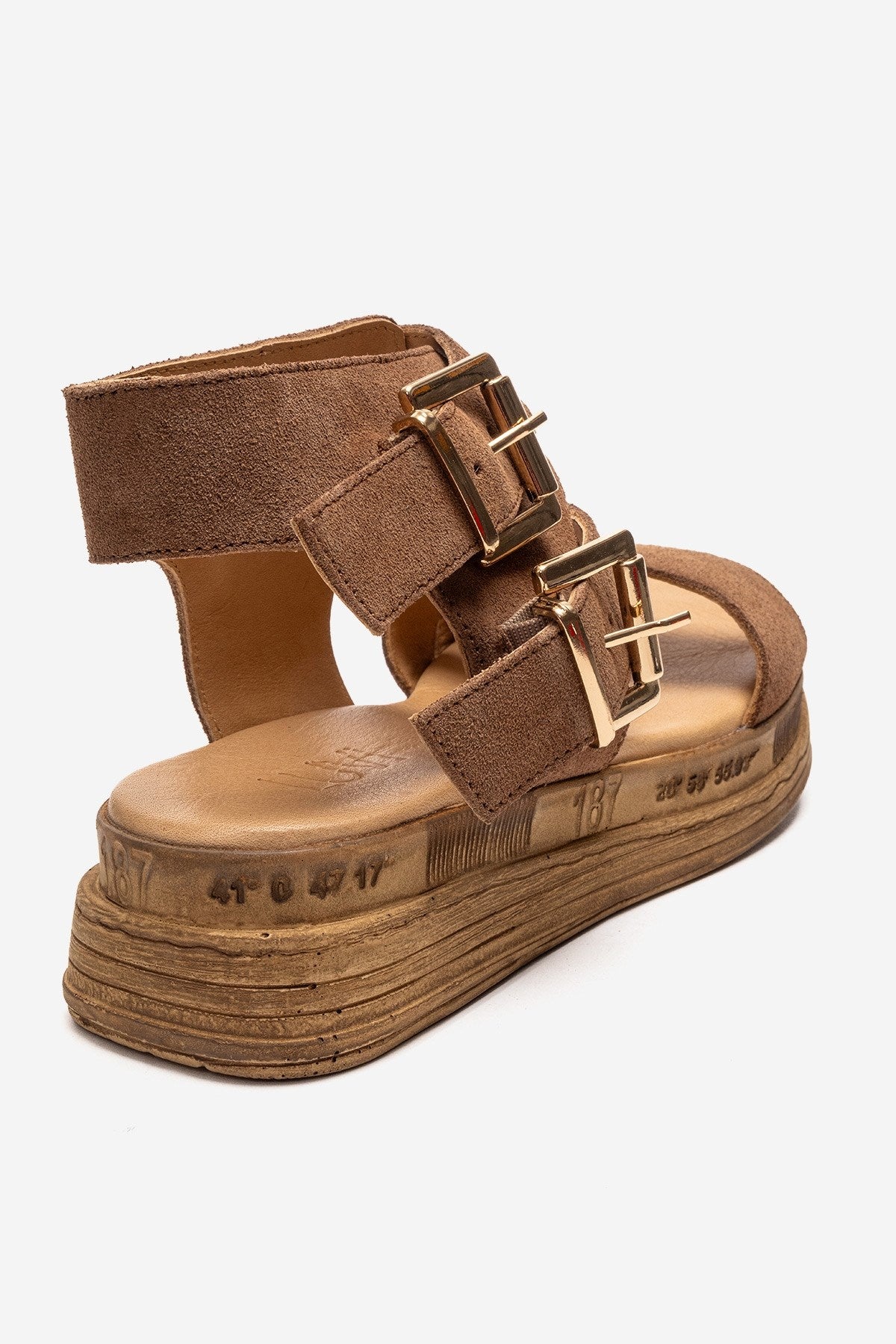 LORENTIS - Camel Genuine Leather Double Buckle Sandal – back view showing leather, suede, Vowalisse