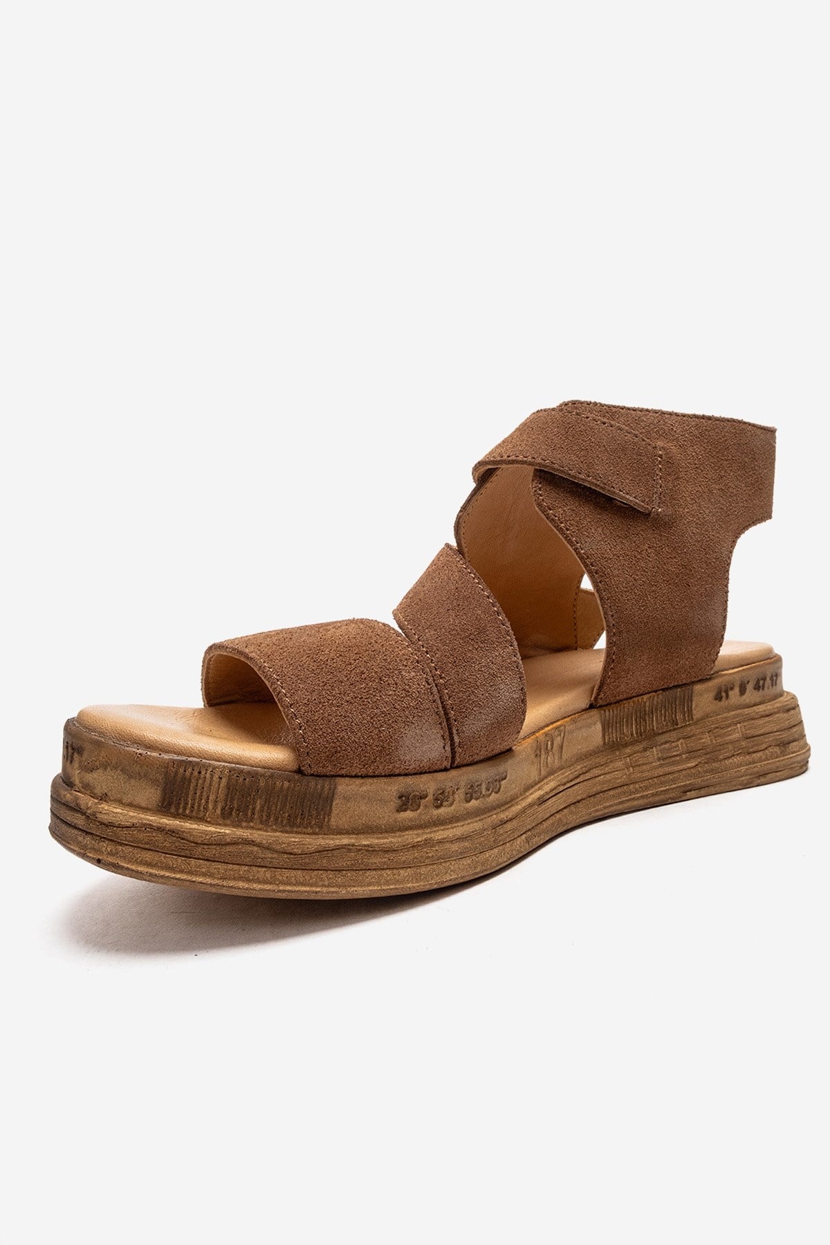 LORENTIS - Camel Genuine Leather Double Buckle Sandal – top view showing leather, suede, Vowalisse