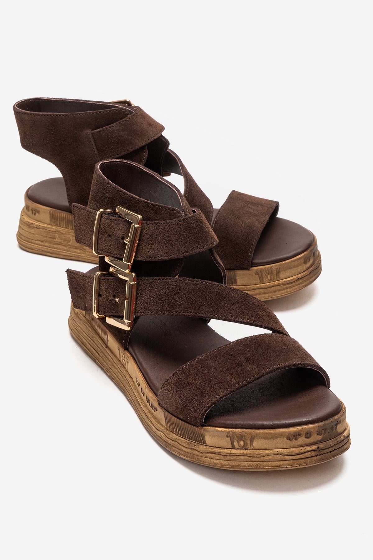 LORENTIS - Brown Genuine Leather Double Buckle Sandal – front three-quarter view showing leather, suede, Vowalisse