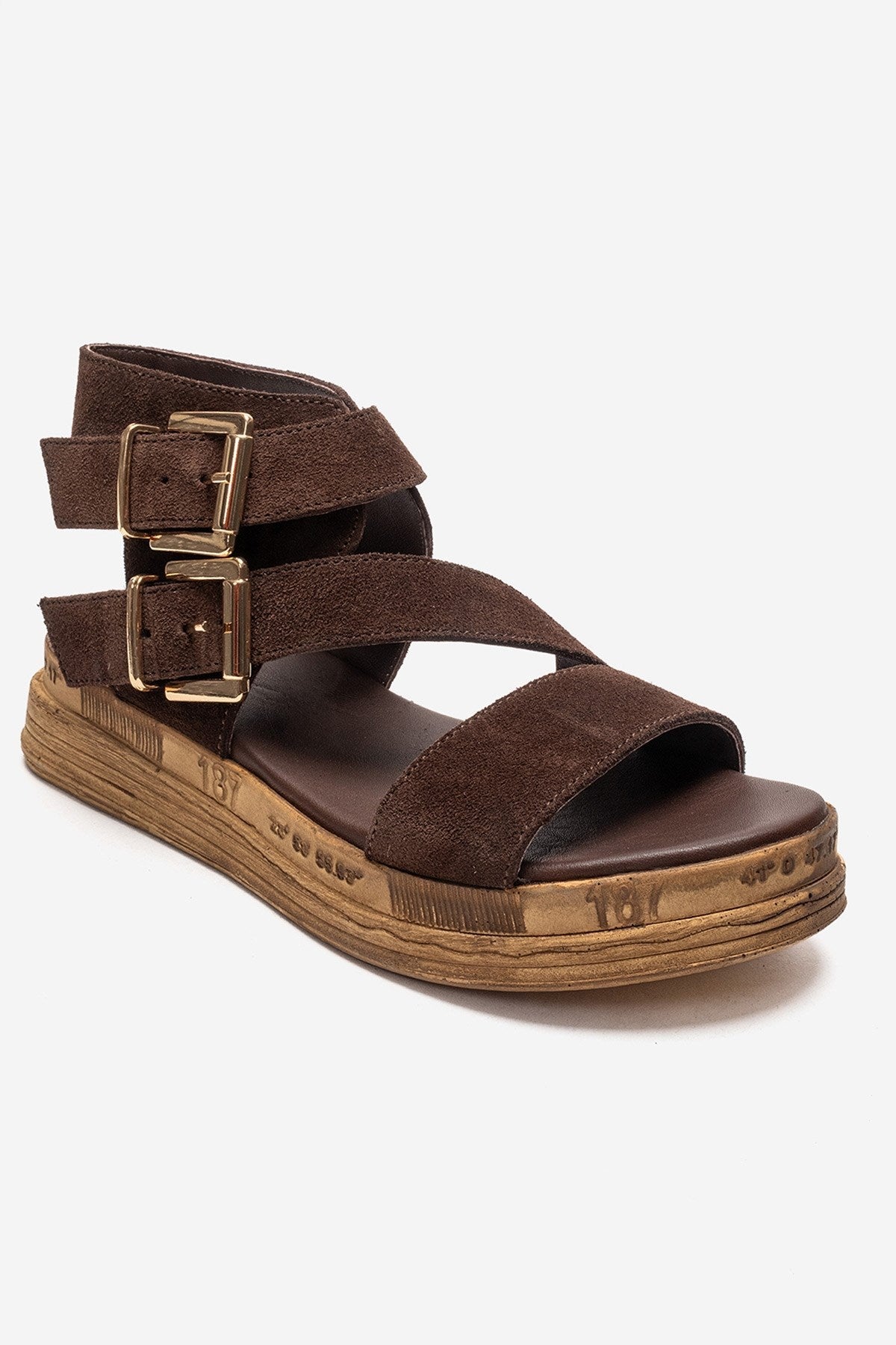 LORENTIS - Brown Genuine Leather Double Buckle Sandal – detail view showing leather, suede, Vowalisse