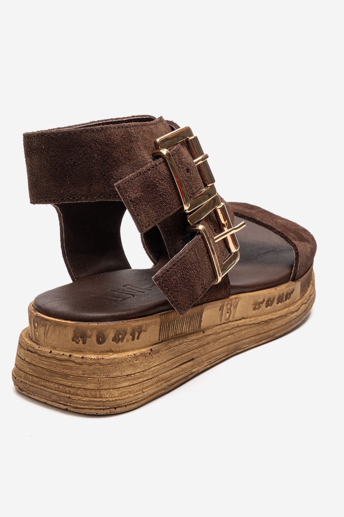 LORENTIS - Brown Genuine Leather Double Buckle Sandal – back view showing leather, suede, Vowalisse