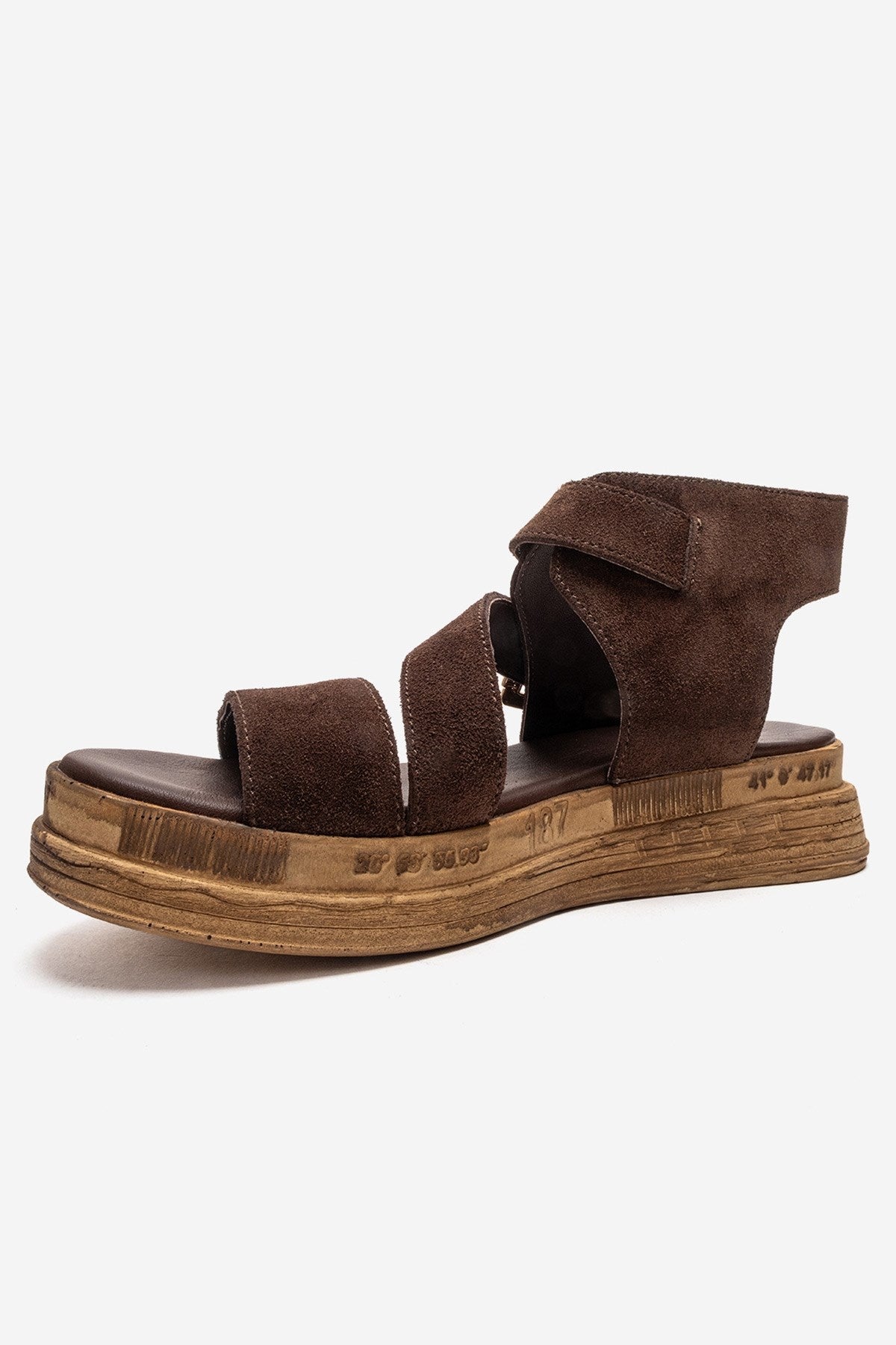 LORENTIS - Brown Genuine Leather Double Buckle Sandal – top view showing leather, suede, Vowalisse