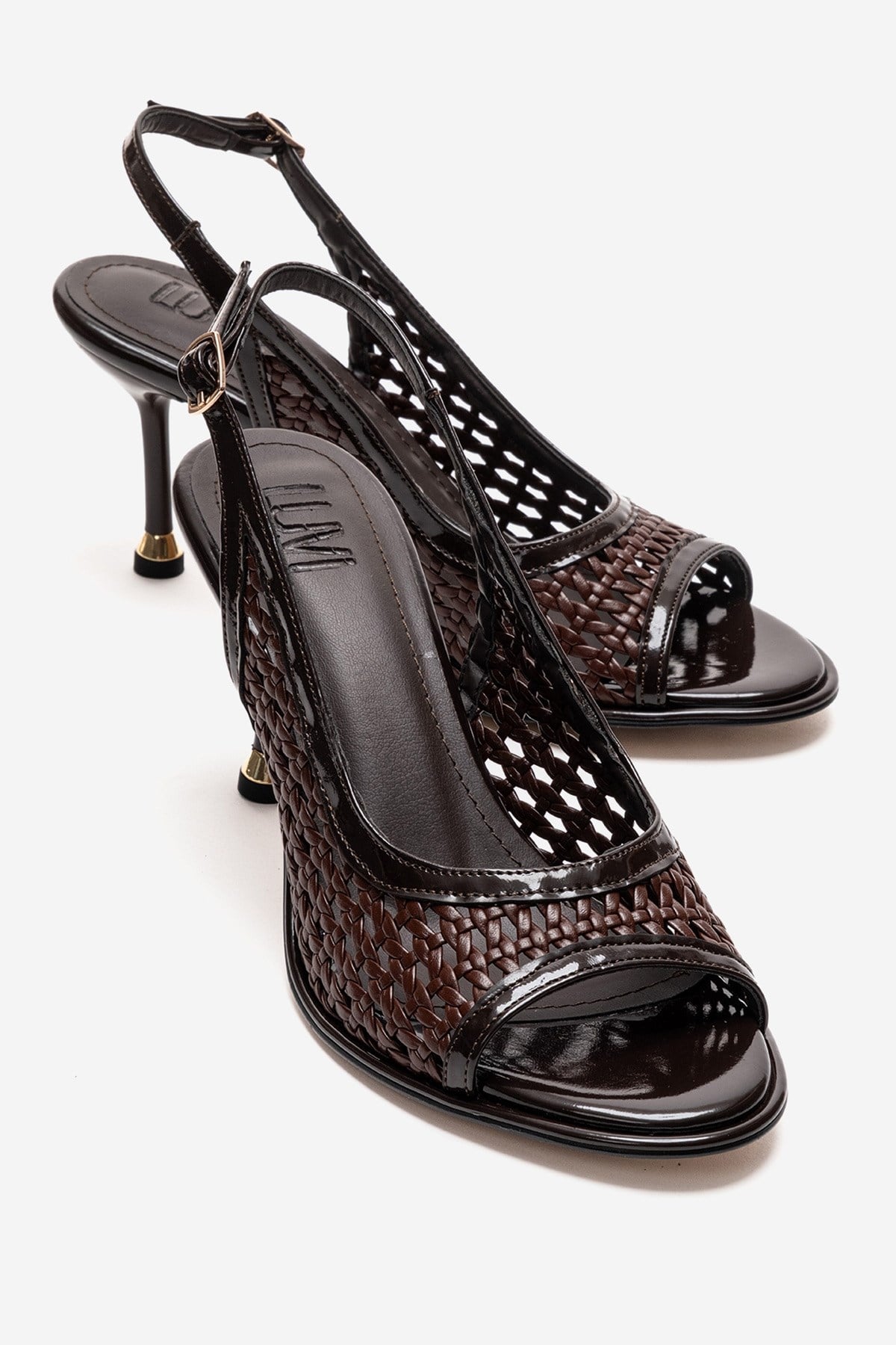 BONITO - Brown Woven Stiletto Heeled Shoe – front three-quarter view showing leather, Vowalisse
