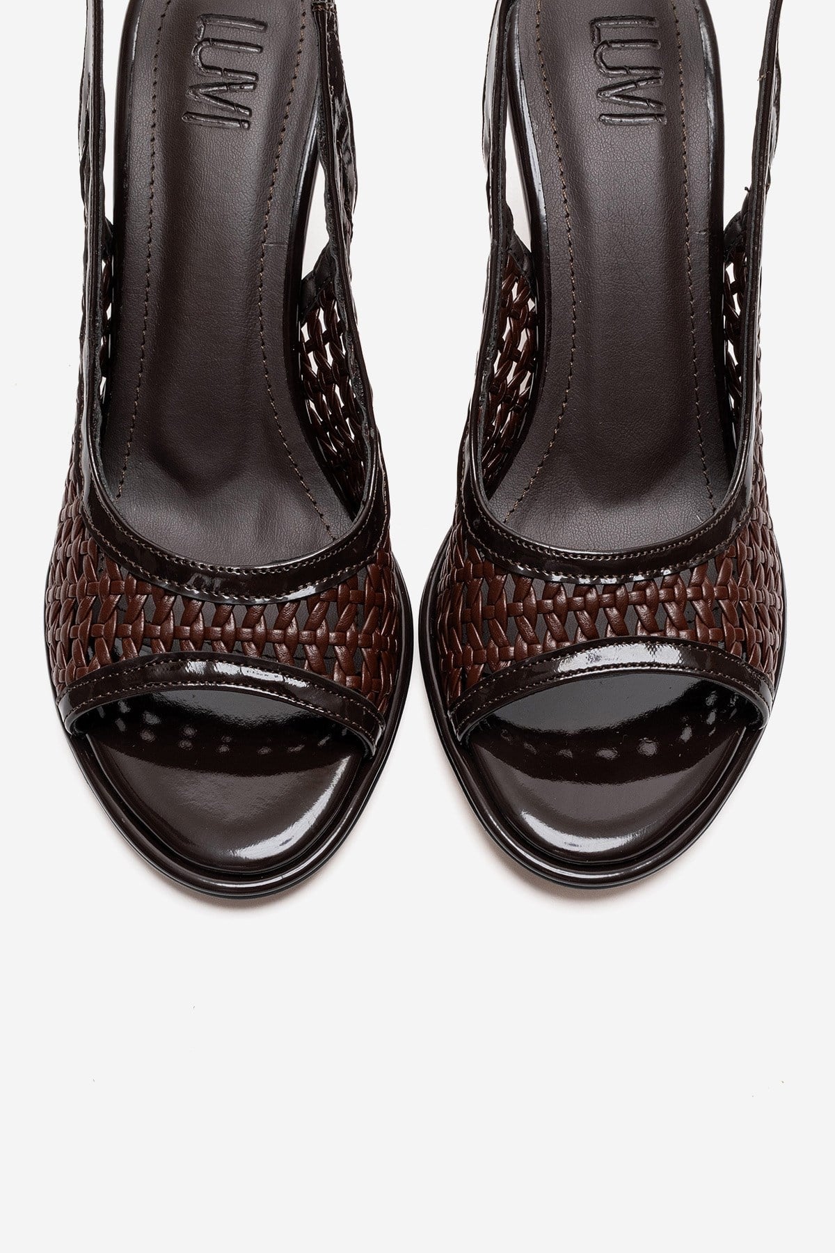 BONITO - Brown Woven Stiletto Heeled Shoe – side view showing leather, Vowalisse