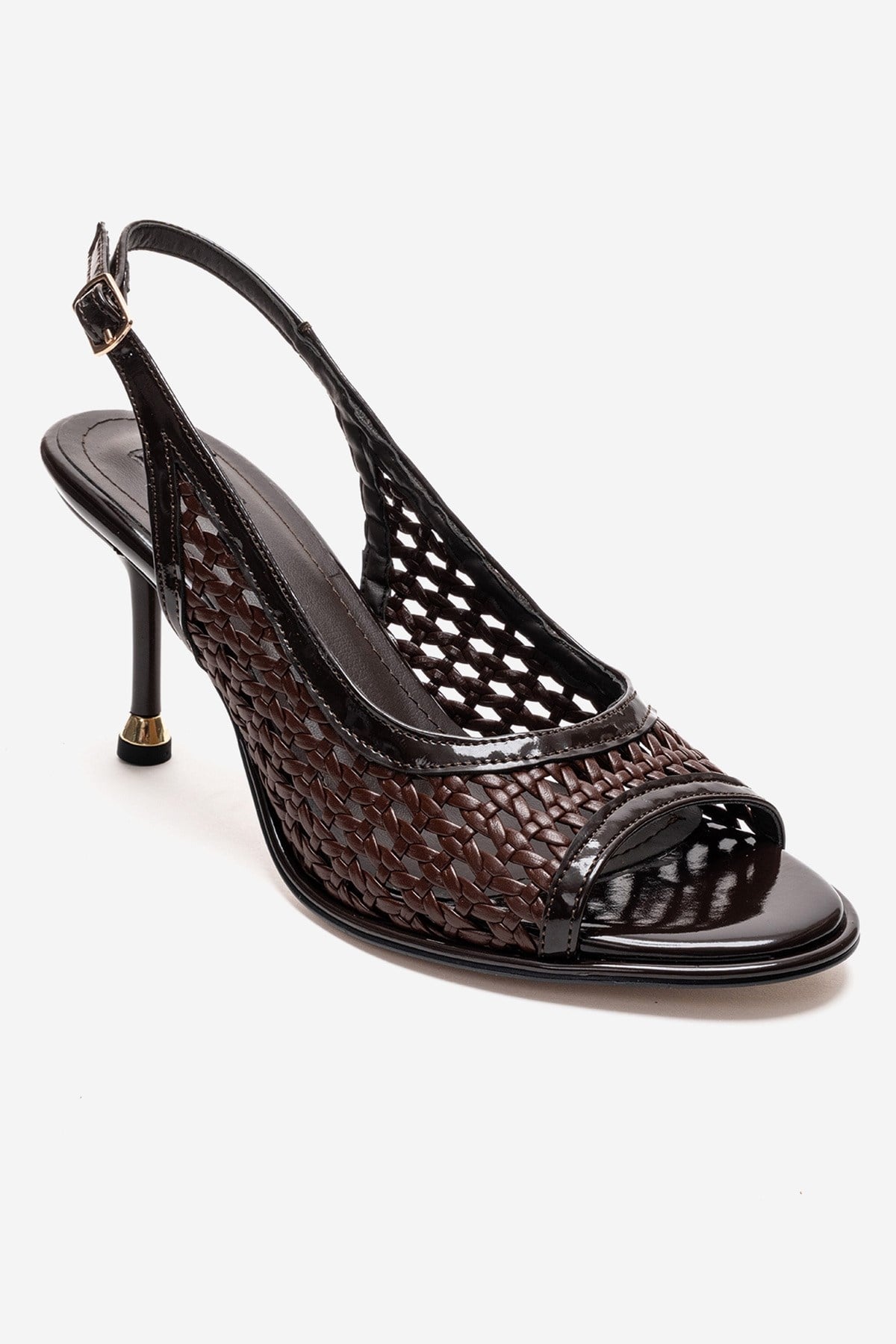 BONITO - Brown Woven Stiletto Heeled Shoe – detail view showing leather, Vowalisse