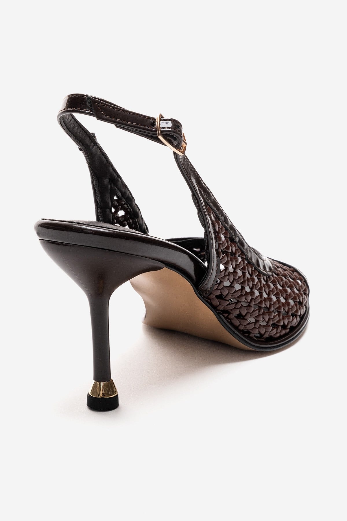 BONITO - Brown Woven Stiletto Heeled Shoe – back view showing leather, Vowalisse