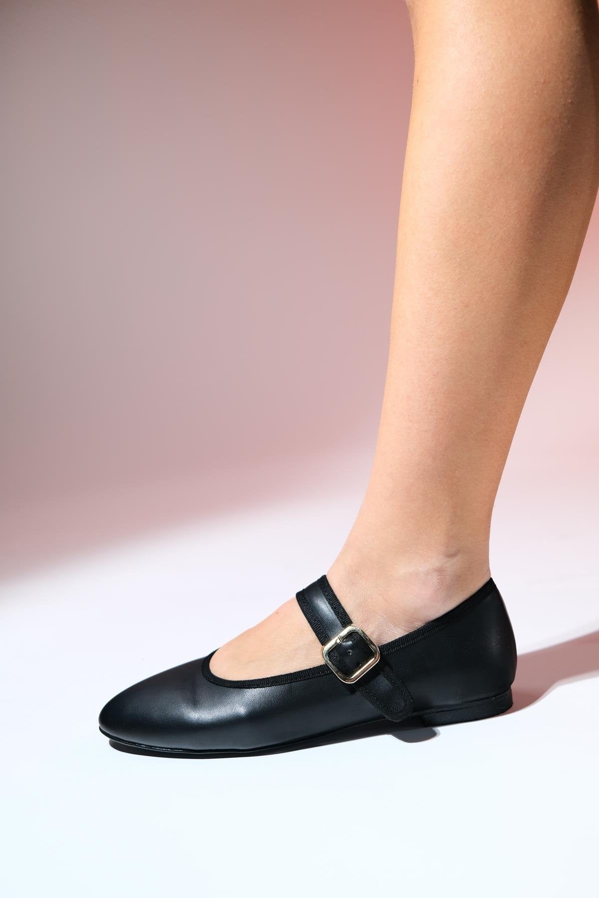 Rollo - Black Ballet Flat – detail view showing leather, black, Vowalisse