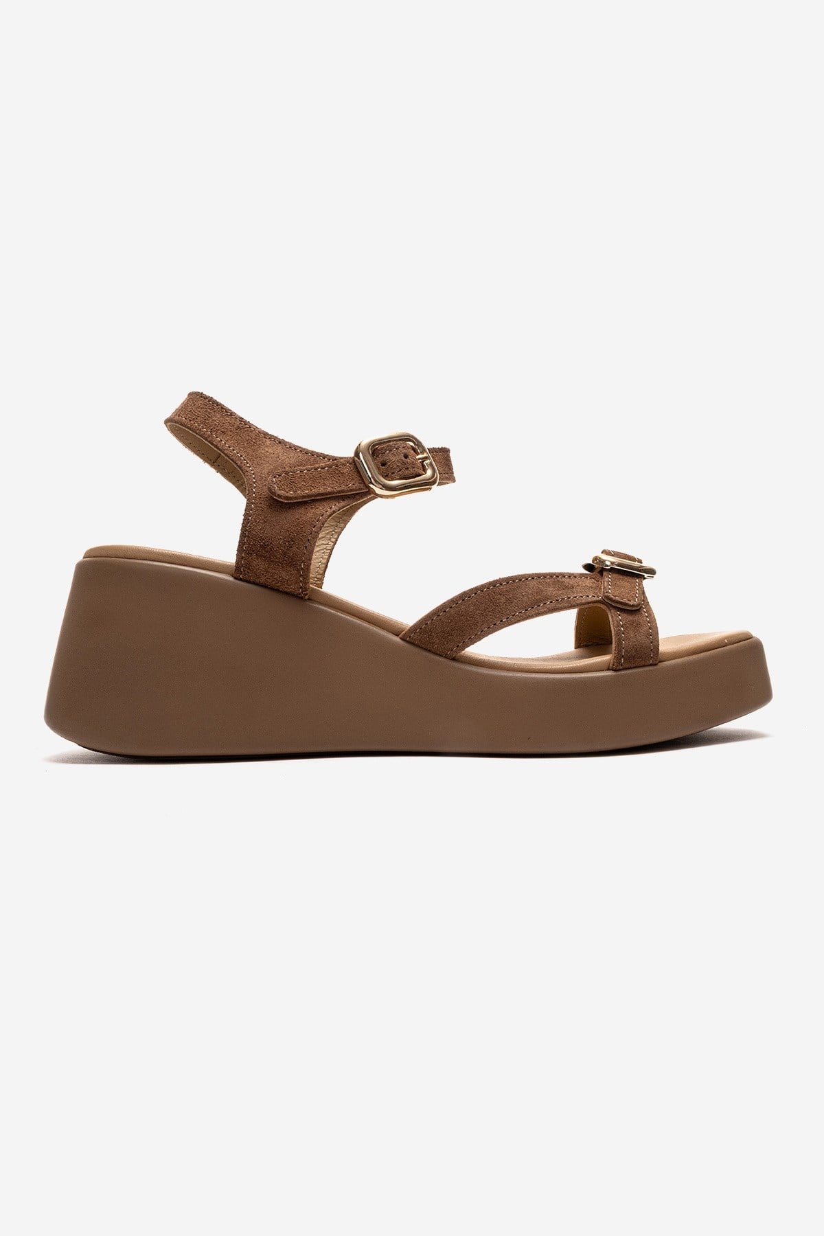 Kalia - Taupe Suede Genuine Leather Buckle Wedge Sandal – heel view showing leather, suede, red, Vowalisse
