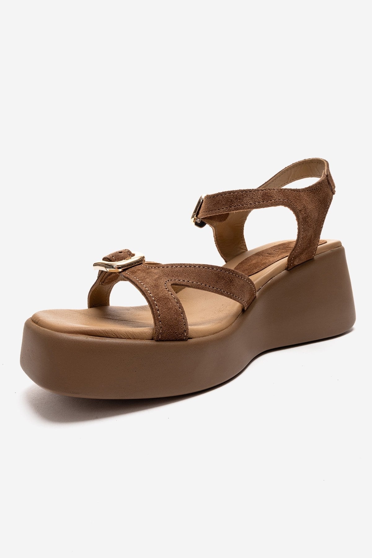Kalia - Taupe Suede Genuine Leather Buckle Wedge Sandal – top view showing leather, suede, red, Vowalisse