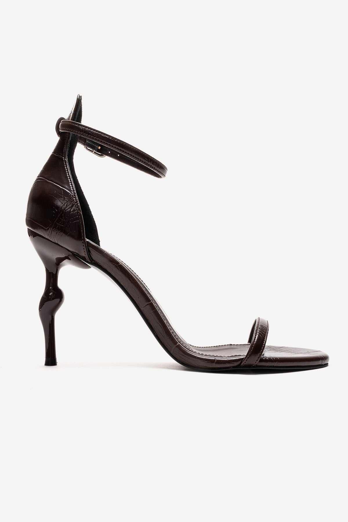Yelena - Brown Printed Thin-Strap Stiletto Pump – heel view showing leather, Vowalisse