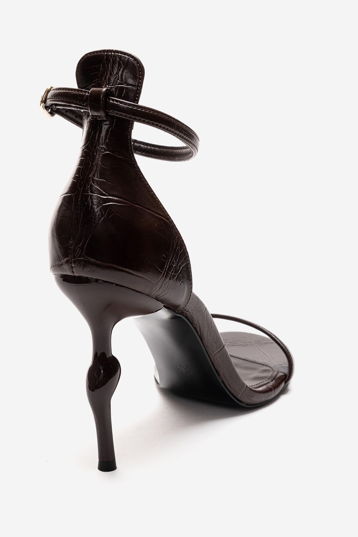 Yelena - Brown Printed Thin-Strap Stiletto Pump – back view showing leather, Vowalisse