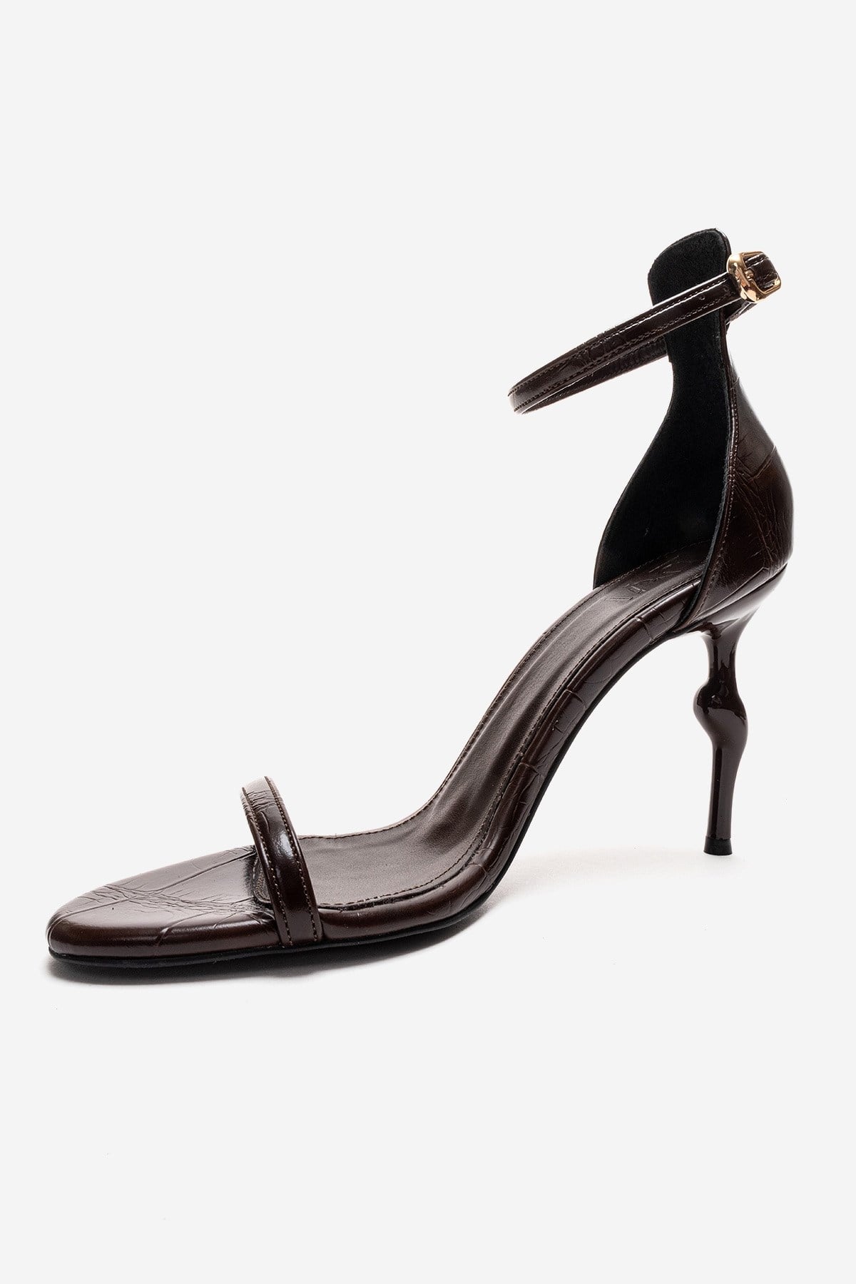 Yelena - Brown Printed Thin-Strap Stiletto Pump – top view showing leather, Vowalisse