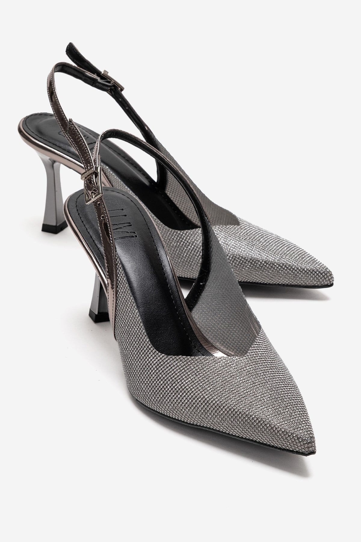 Dorata - Platinum Embellished Stiletto Pump – front three-quarter view showing leather, glitter, metallic, Vowalisse