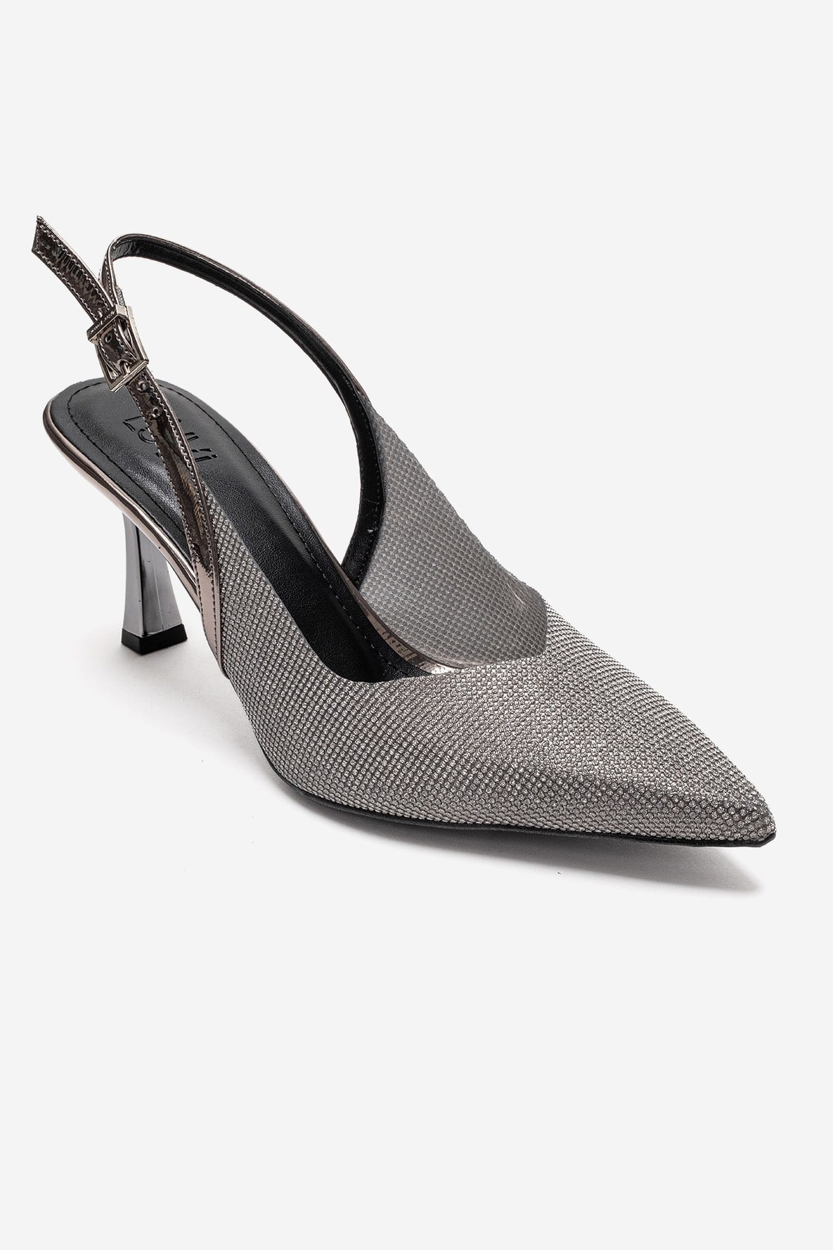 Dorata - Platinum Embellished Stiletto Pump – detail view showing leather, glitter, metallic, Vowalisse